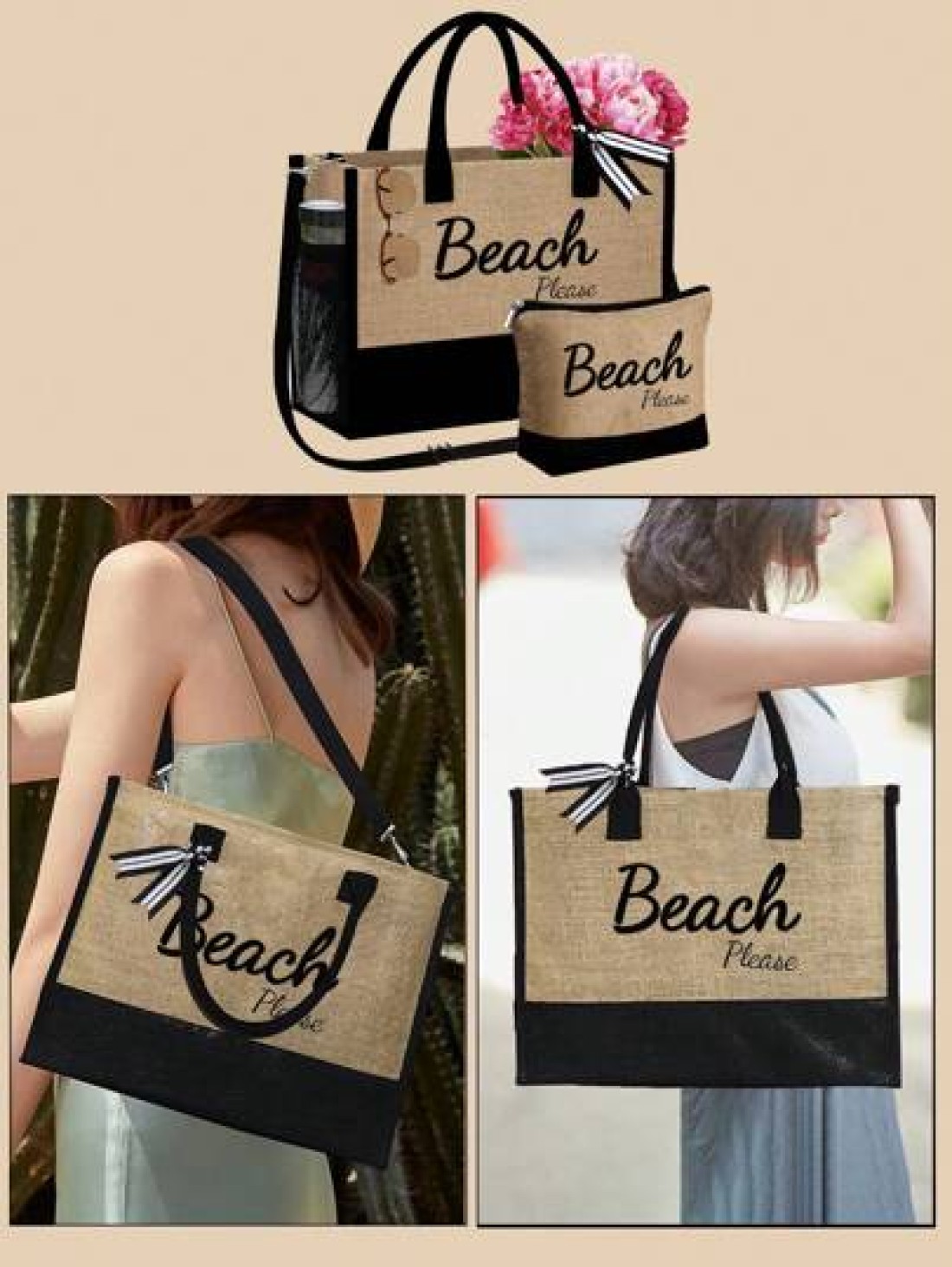 1set Beach Letter Print Tote Simple Linen Tote Reusable Grocery Shopping Tote Bag And Makeup Bag Holiday Gift Bag Perfect For Vacation Travel Khaki Summer Essentials Perfect For Vacation Holiday Suita