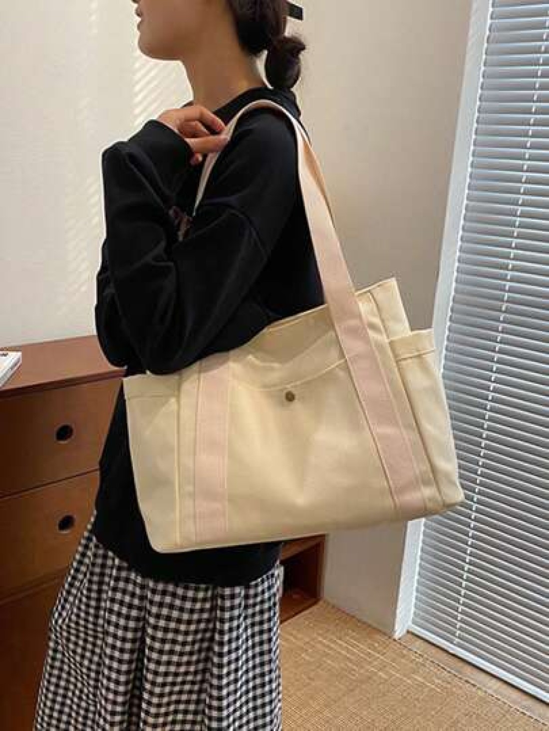 1pc Ins Style Canvas Tote Bag With Large Capacity For Students Work Commute And Outdoor Activities Shoulder And Hand Carry Bag Large School Tote Bag Multiple Compartments Perfect For Beach School Work