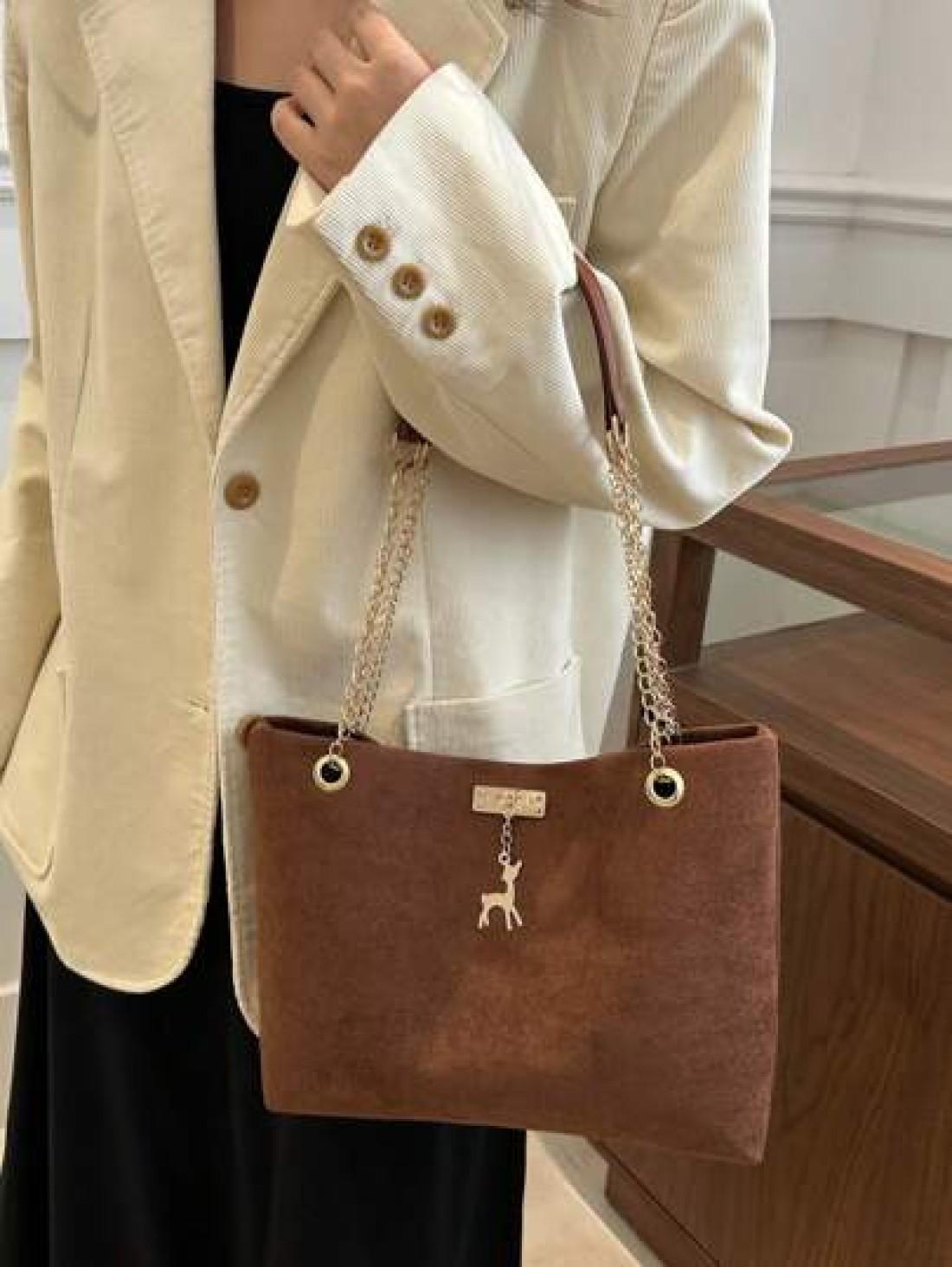 1pc Polyester Deer Decoration Large Capacity Zipper Closure Fashion Shoulder Tote Bag Suitable For Women Daily Use