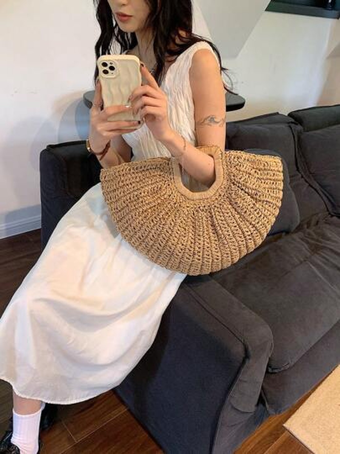 1pc Large Capacity Khaki Tote Bag Woven Straw Open Top Round Bag For Travel Vacation Beach Summer Straw Beach Bag For Women Vacation Essentials Perfectly Matching With Beach Accessories Women