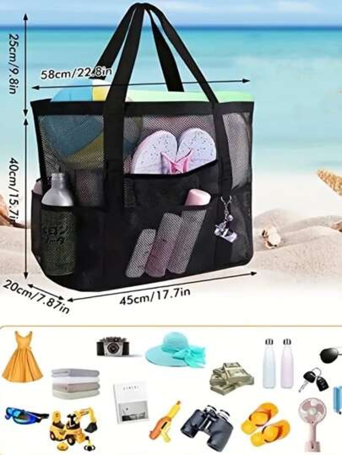 1PC Large Mesh Beach Bag Sandproof Swim Tote Bag Oversized For Family Foldable Lightweight Pool Boat Bag With Zipper And Extra Pockets For Toys Vacation Beach Cruise Essentials School Bag Large Capaci
