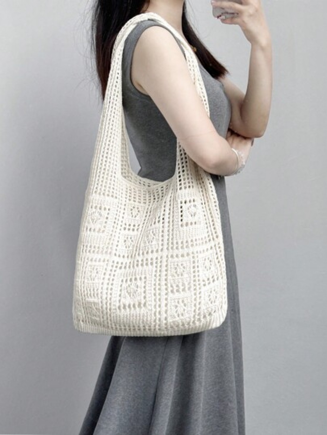 Minimalist Crochet Bag Hollow Out Design Vacation School Bag Large Capacity Portable For Teen Girls Women College Students White Collar Workers Perfect For Work Back To School Middle School High Schoo