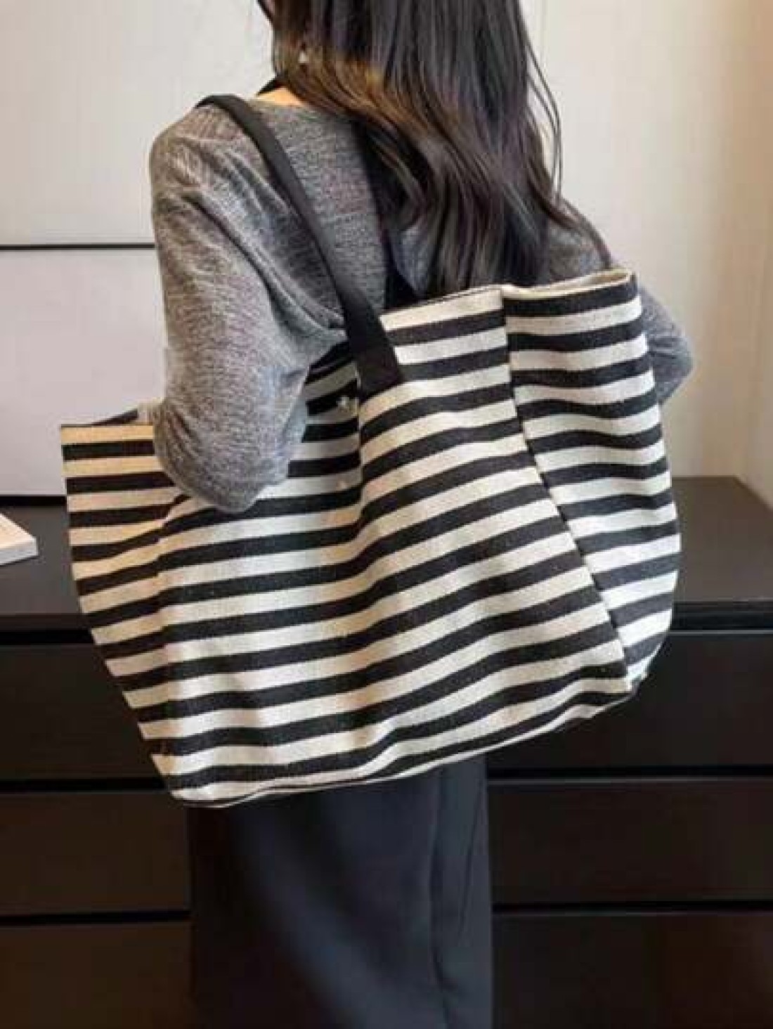 Yogodlns Simple Stripe Design Tote Bag For Girls Women Canvas Shoulder Bag Ladies Shopping Bags High Quality Handbagsschool Tote Bag Portable Foldable Business Casual Suitable For Teen Girls Women Col