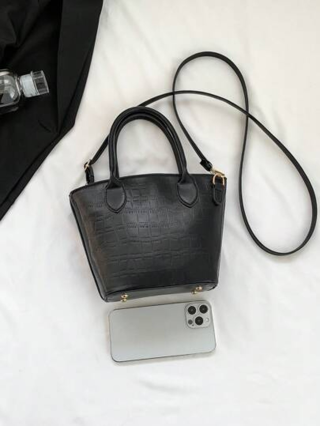 1pc Embossed Faux Leather Black Bucket Bag With Double Top Handles Adjustable Shoulder Strap And Zipper Closure Fashionable Crossbody Or Hand Bag For Women s Daily Use Work Or Shopping