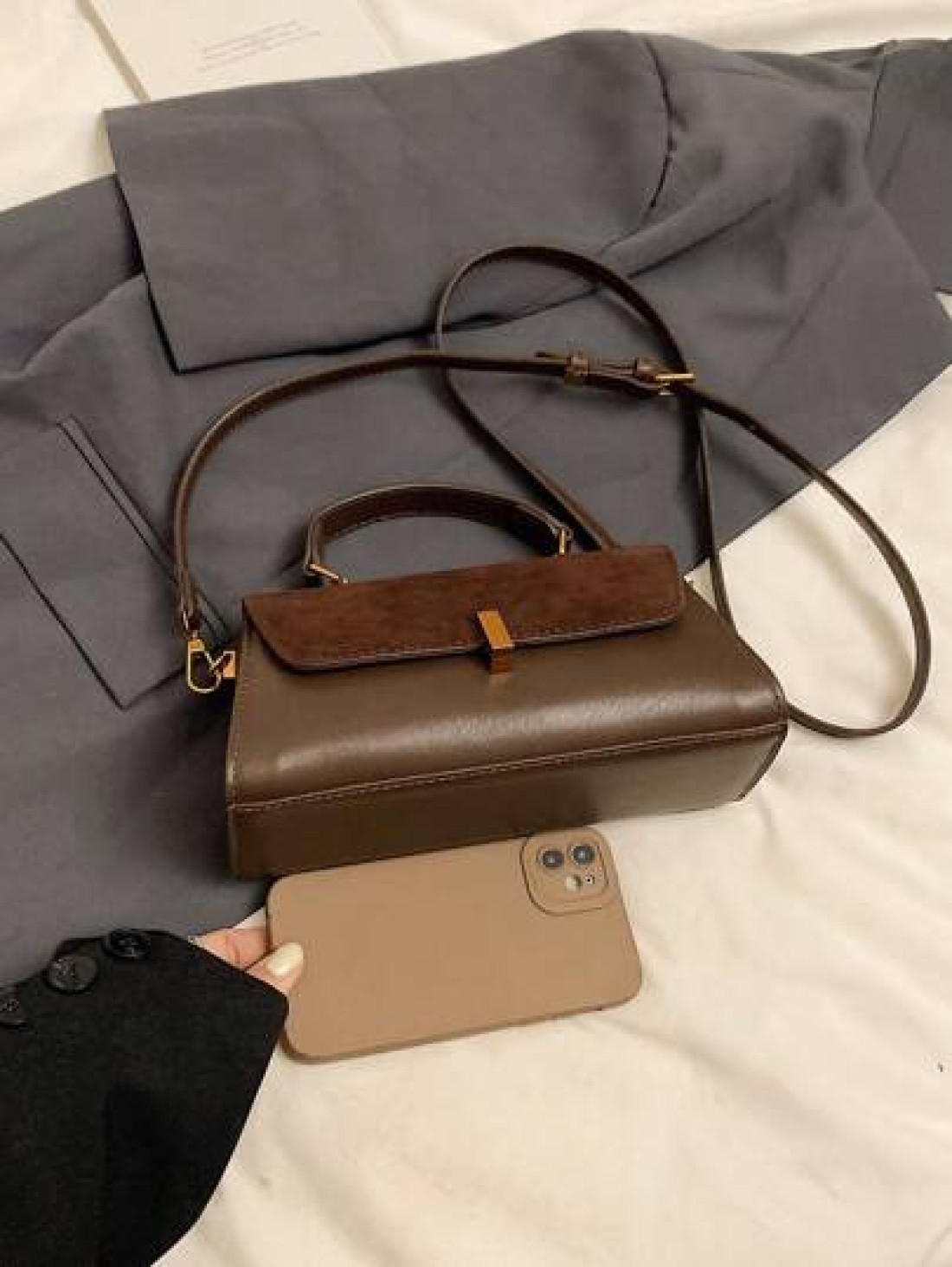 1pc Women Retro Suede Like Fashion Handbag PU Patchwork Shoulder Bag Small Square Daily Work Purse