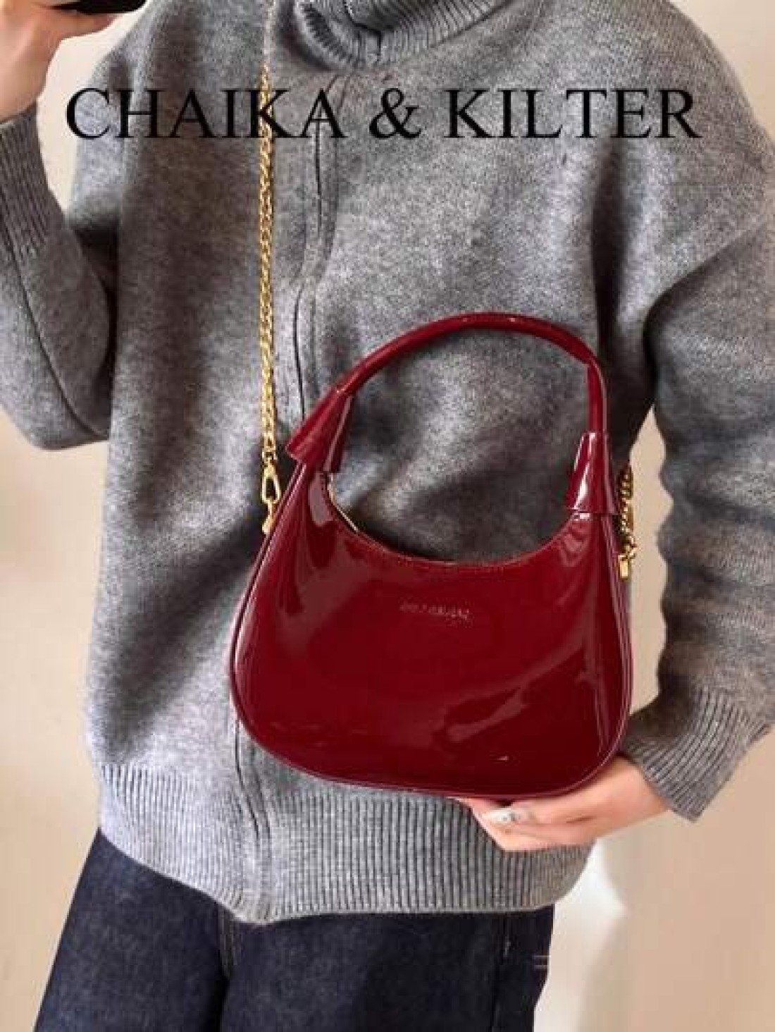 1pc CHAIKA KILTER Women Glossy PU Leather Tote Bag Fashionable Crescent Shaped Armpit Bag With Detachable Metal Chain Zipper Closure Suitable For Daily And Outdoor Use