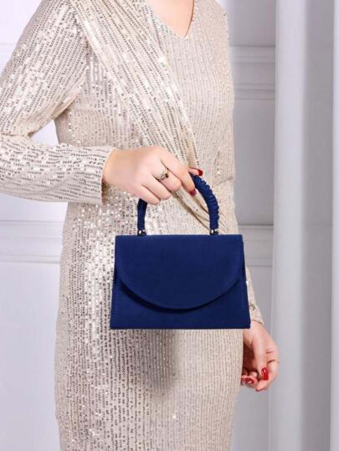 Elegant And Fashion Navy Blue Corduroy Handbag Wrist Pleated Magnetic Closure Flap Cover Evening Bag Suitable For Ladies Daily Use Birthday Party And Wedding Ball Chain Bag Best Birthday And Valentine
