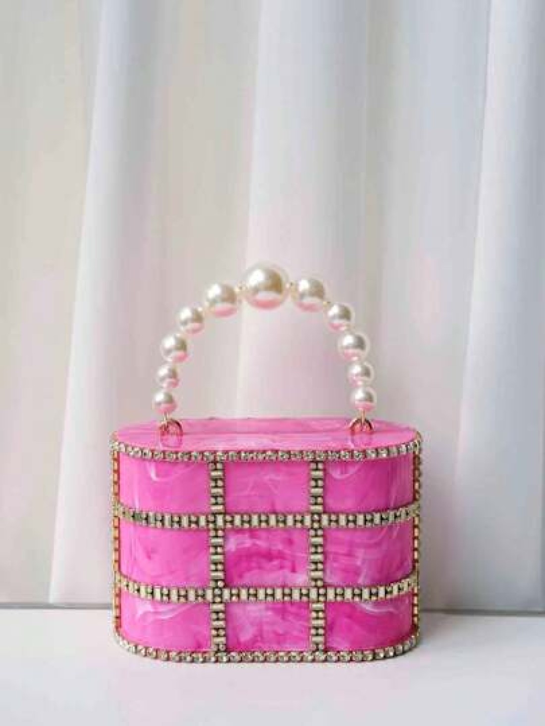 1pc Rose Pink Marble Texture Rhinestoned Pearl Party Clutch Bag With Chain Strap Luxury Evening Bag Suitable For Wedding Gala