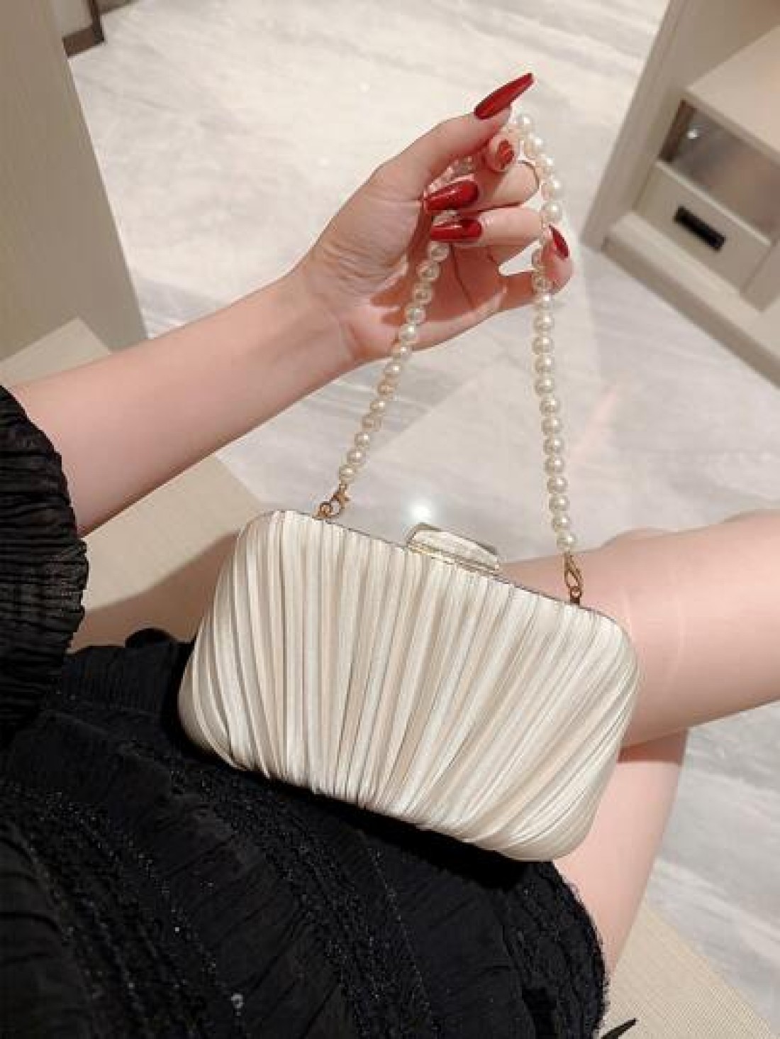 Moonlit EveBag Glamorous Elegant Exquisite Quiet Luxury Sequin Stylish Luxury Shiny Faux Pearl Clutch Box Bag Evening Bag For Wedding For Party Girl Woman Bride Elegant Pearl Clutch Prom Bag