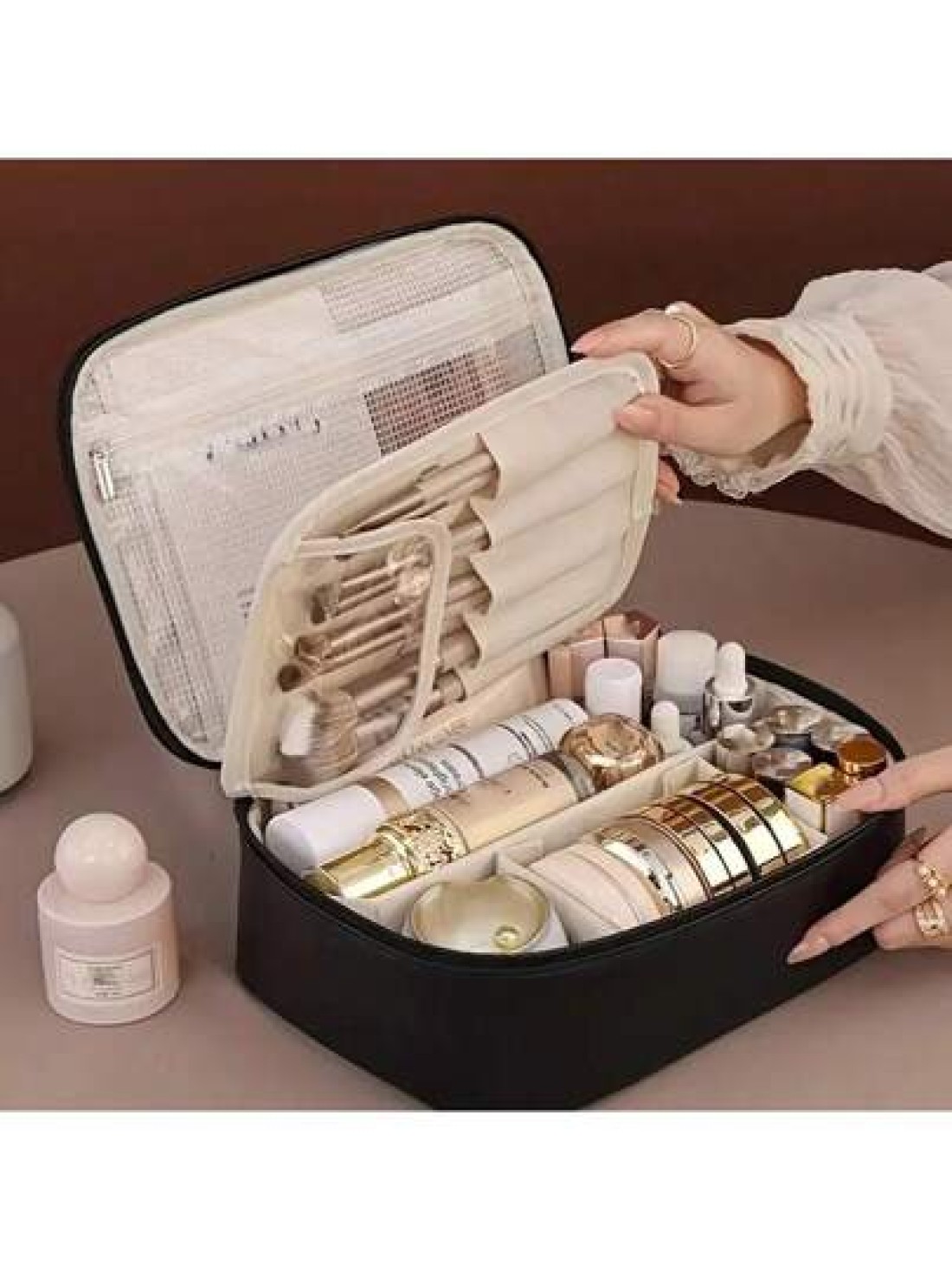 Multi Layer Large Capacity Removable Makeup Bag Faux Leather Travel Cosmetic Storage Box With Brush Holder Portable Unisex Beauty Essentials Case Non Alcoholic Cosmetics Organizer Solution Elegant Des