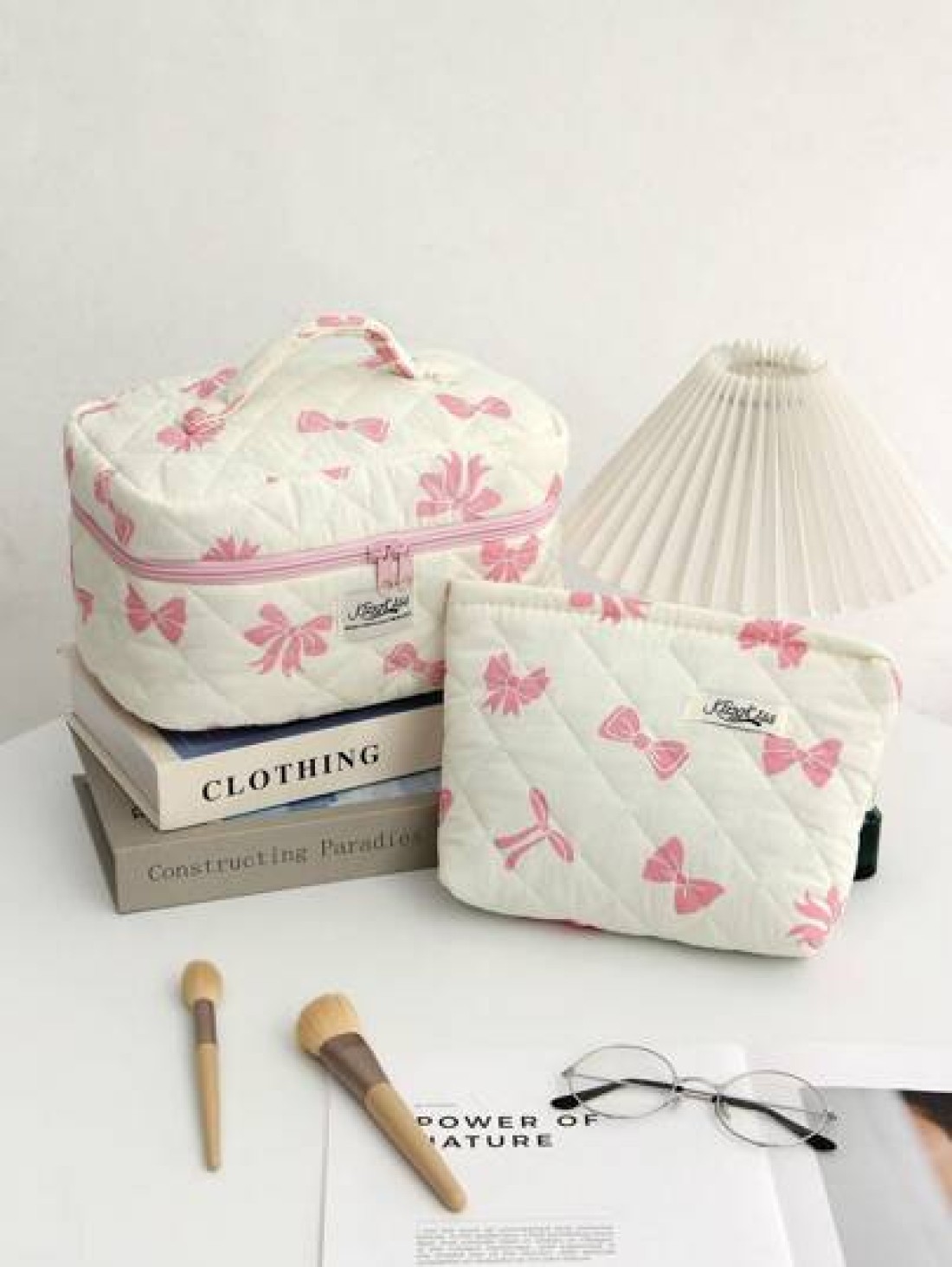 1Piece Bow Travel Toiletry Bag With Handle Quilted Fabric Large Capacity Women Handle Cosmetic Bag Cosmetic Brushes Storage Make Up Organizer Travel Skincare Makeup Pouch For For Bathroom For College