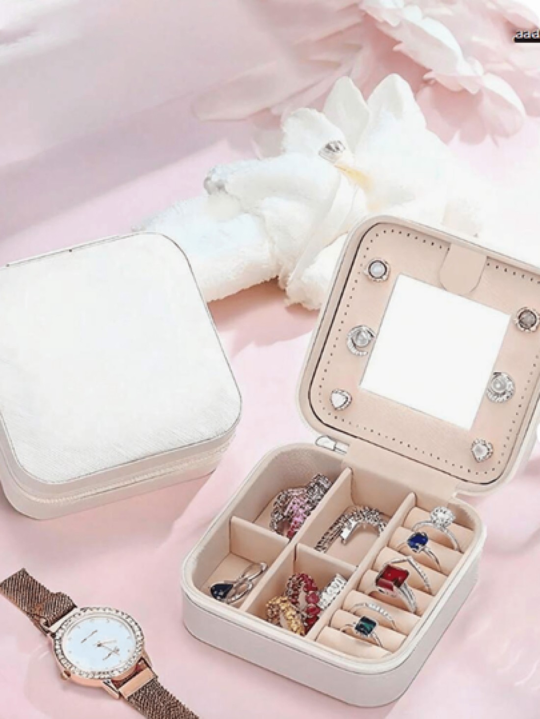 1pc PU Leather Square Jewelry Box Mirror Design Jewelry Storage Case Multifunctional Desktop Organizer Box Removable Compartments Suitable For Rings Earrings Necklaces Lipsticks Makeup Organizer