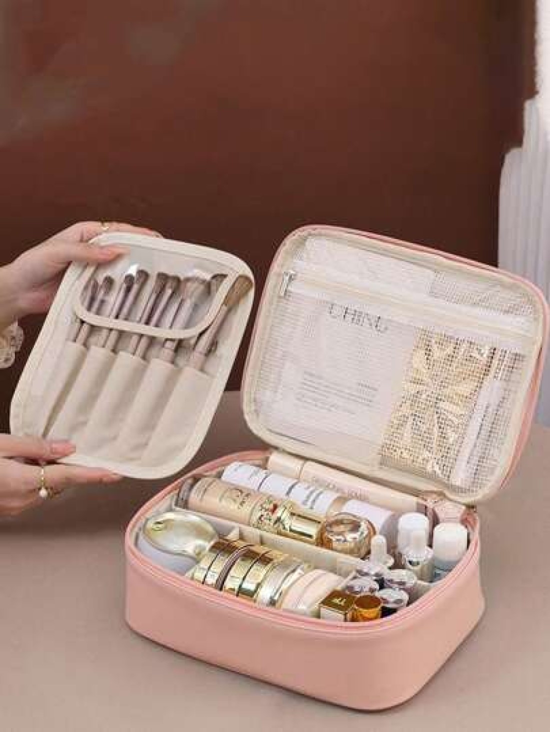 1pc Multifunctional PVC Makeup Bag Summer Travel Cosmetic Organizer Bag Waterproof Bathroom Storage Pouch For Skincare Makeup Brushes Eyeshadow Palette Compact Powder Lotion Lipstick Jewelry Bridesmai