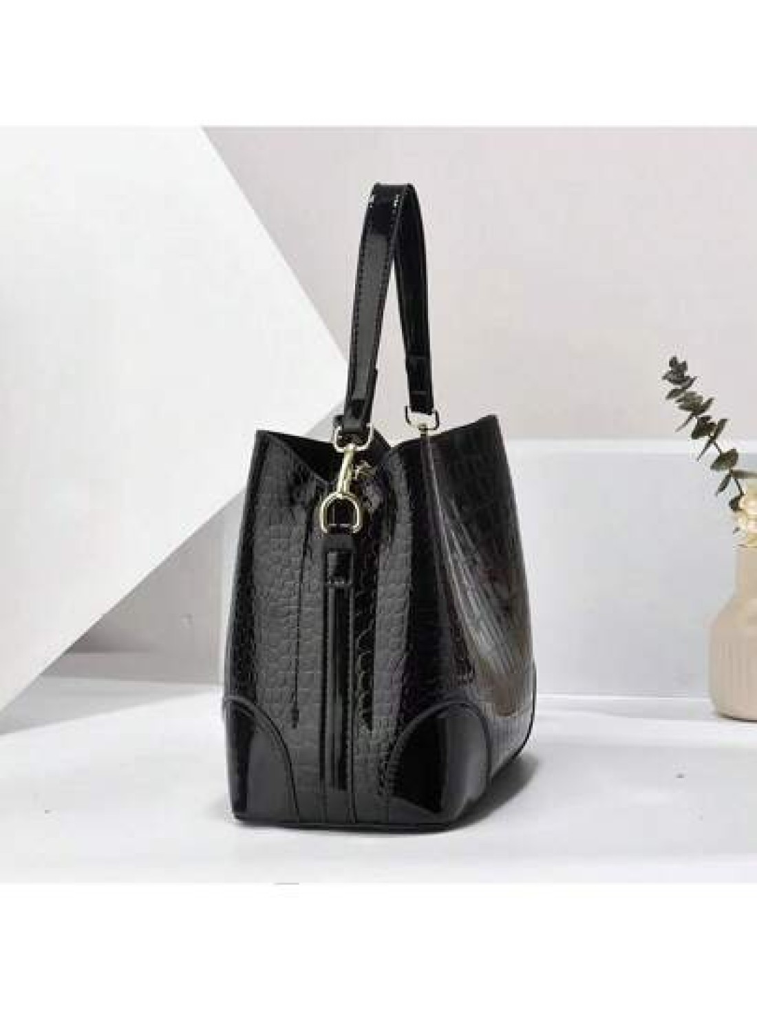 1 Pc Stone Texture Handbag 2024 New High End Glossy PU Bucket Bag With Multiple Compartments Large Capacity Suitable For Daily Commute Shoulder Carry