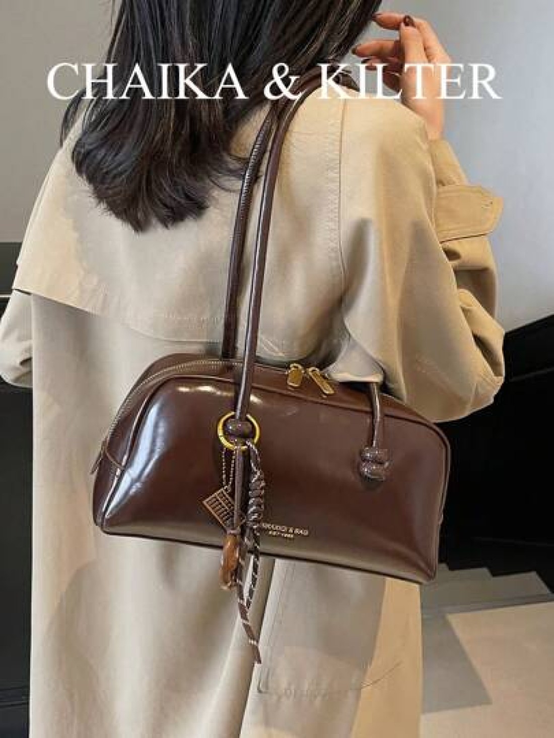 1pc CHAIKA KILTER Solid Shiny PU Leather Shoulder Bag Women s Fashion Large Capacity Bowling Bag With Dual Handles Zipper Closure Suitable For Daily Outdoor Use Sold With Pendant