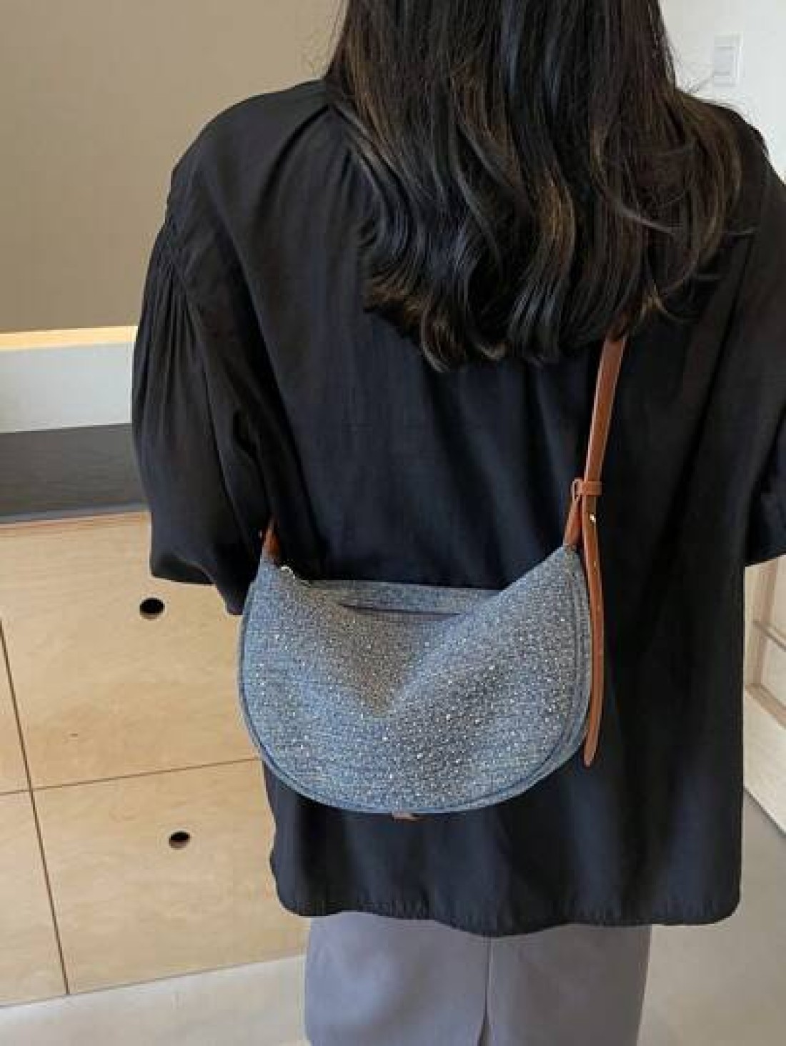 Light Blue Denim Rhinestone Decor Underarm Women Shoulder Bag Fashionable Versatile For Work Dating Casual Spring Summer