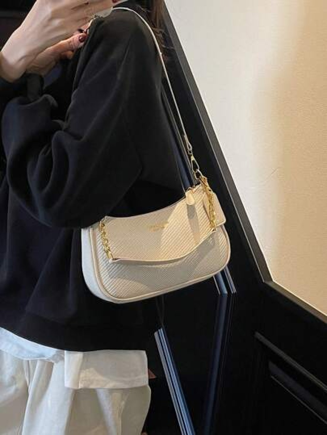 New Elegant Solid Color PU Underarm Bag Metal Chain Handle Women Shoulder Bag