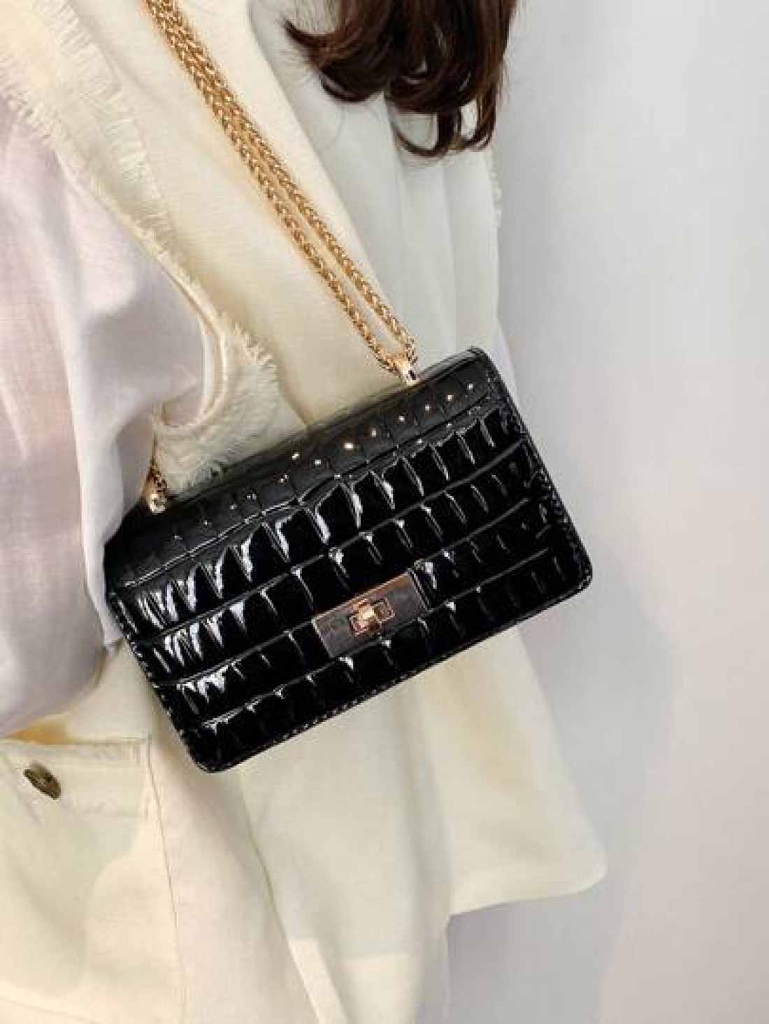 Faux Leather Solid Crocodile Embossed Fashion Mini Chain Strap Shoulder Bag