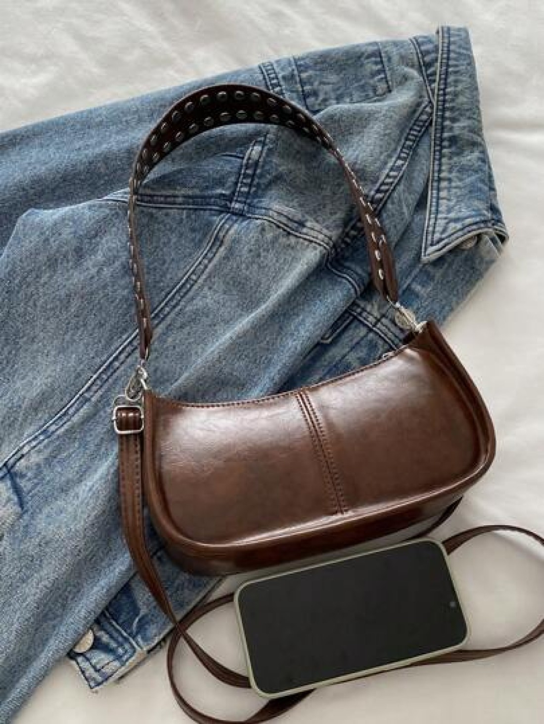 Fashionable Retro Rectangular Handbag Women s Rivet Decor Underarm Tote Bag Classic Zipper Shoulder Bag