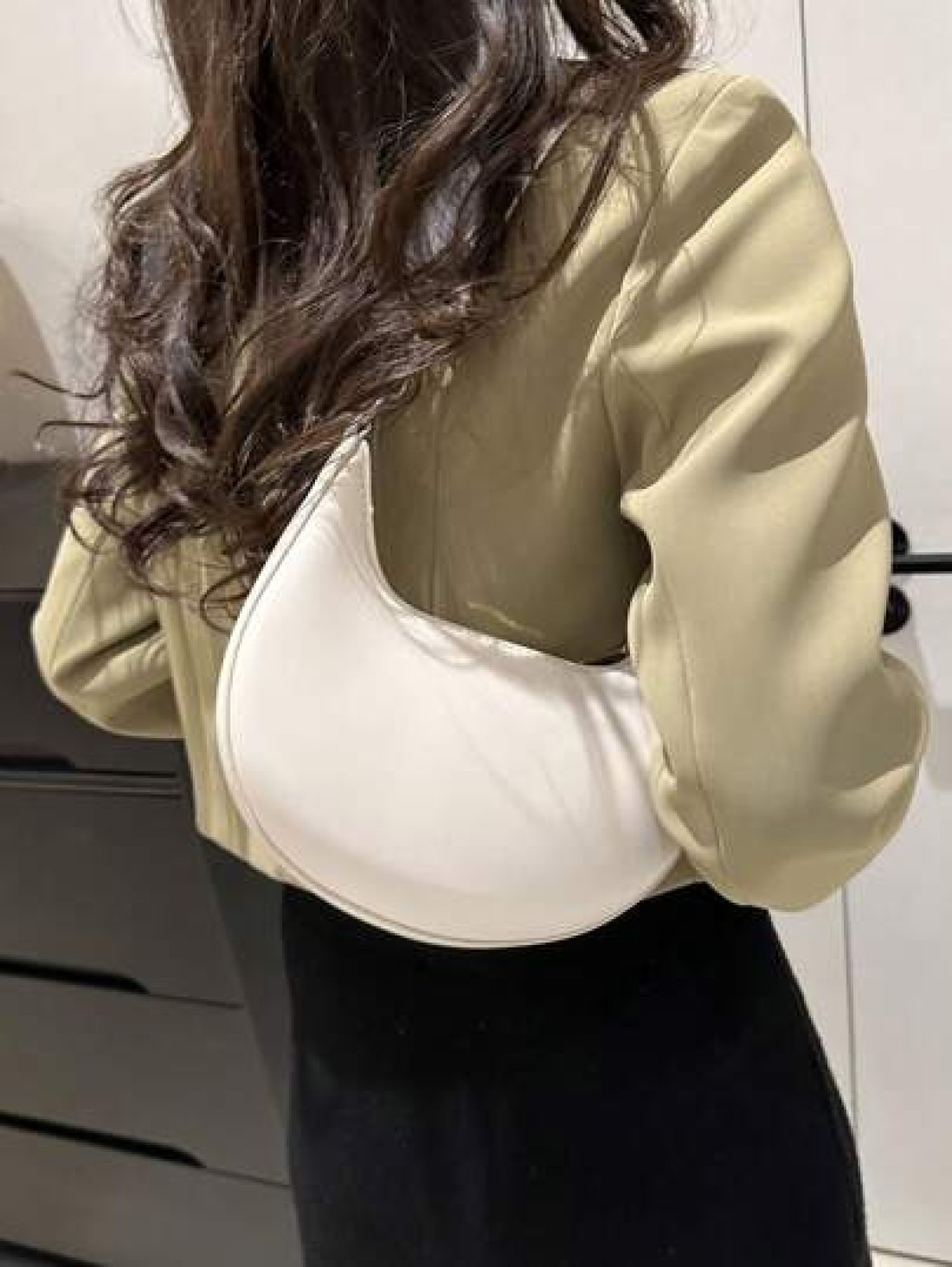 1pc Zipper Closure PU Solid Color Crescent Armpit Bag Fashionable Retro Office Work Shoulder Bag Versatile Baguette Bag