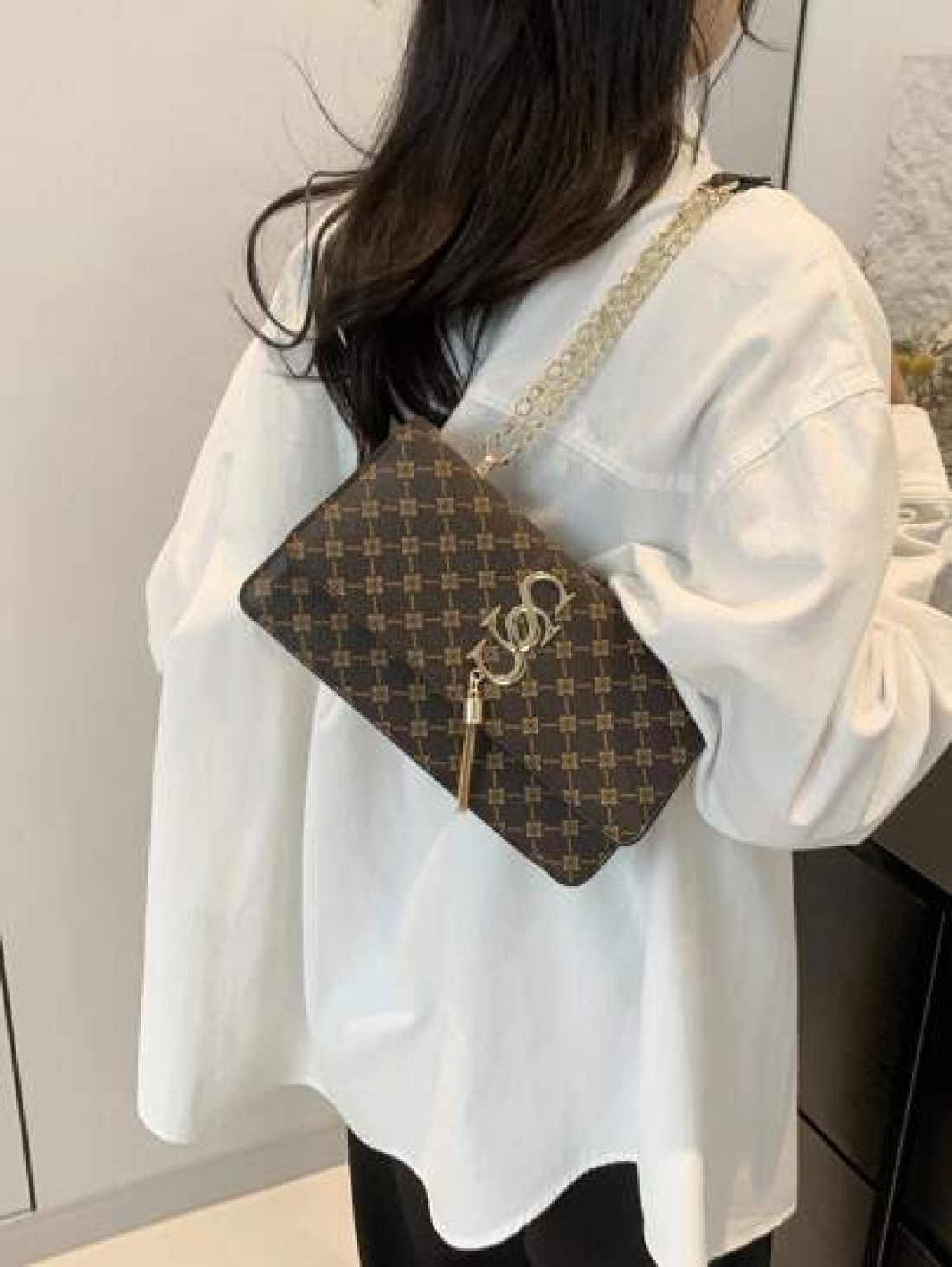 Plaid Rhombus Floral Pattern Flap Baguette Bag For Women Metal Tassel Letter Decor Shoulder Crossbody Handheld Multi Use Commute Bag
