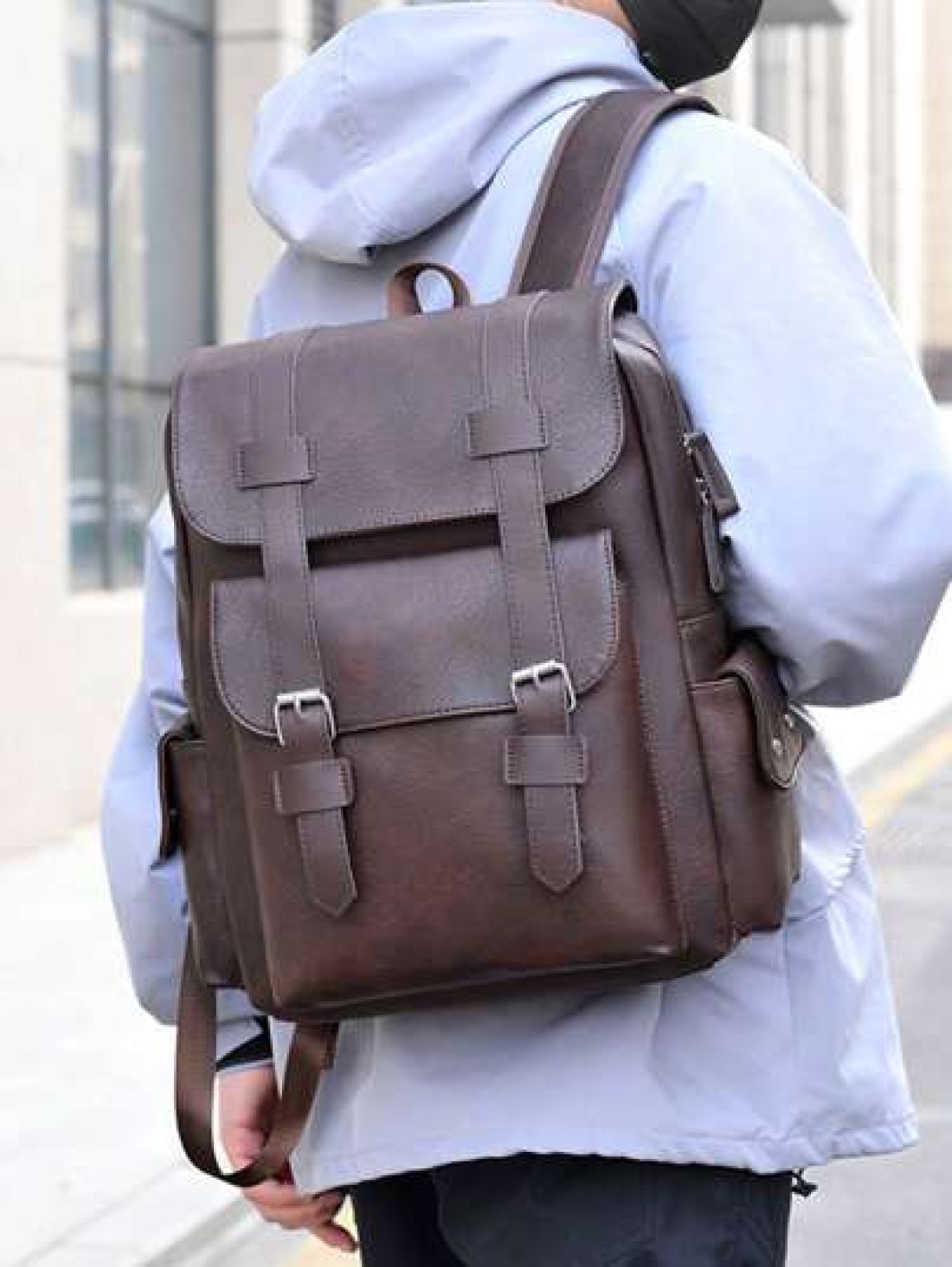 Men s Fashionable Casual Plain PU Flap Multi Pocket Large Capacity Backpack Suitable For Business Shopping Travel And Versatile Wear