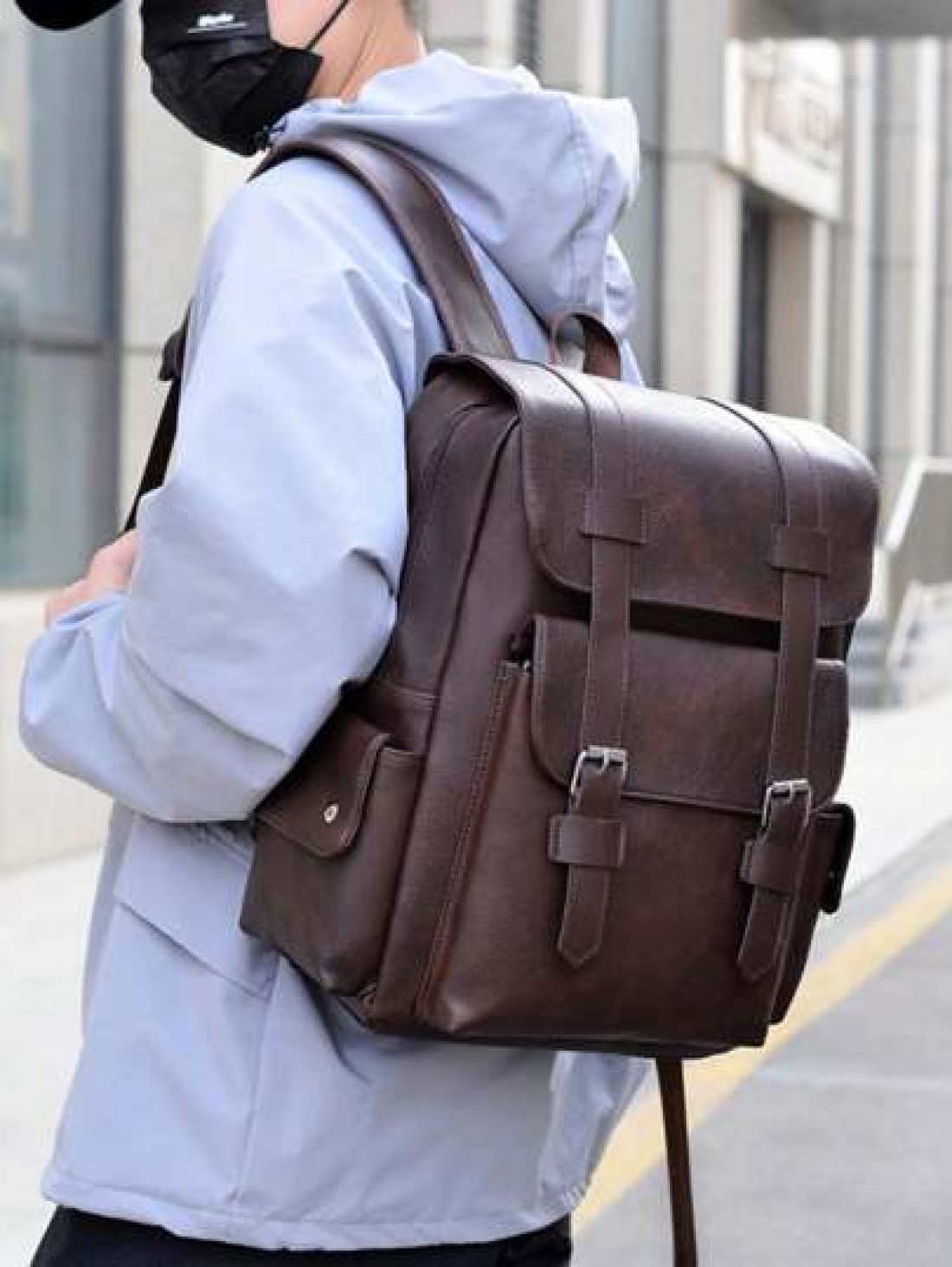 New Spring Summer Solid Color PU Material Fashion Stylish Men Backpack Business Casual Backpack Student Schoolbag Flap Style Large Capacity Multi Pocket Organizer Fits Books Documents Clothes Laptop U