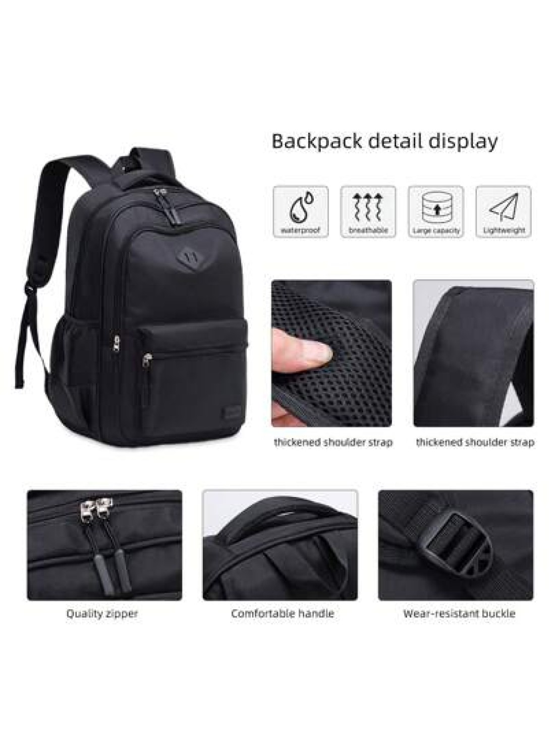 1pc Classic Black Backpack For Men Large Capacity Multi Layer Design Adjustable Shoulder Strap Polyester Lining Zipper Closure Side Water Bottle Holder Suitable For School And Travel Casual Style Back