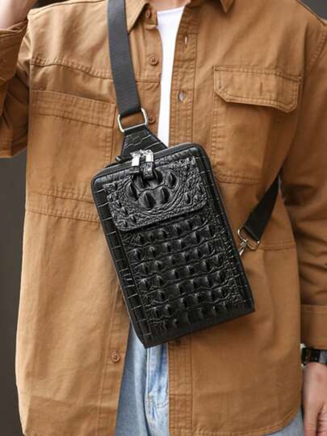 European American Fashion Crocodile Pattern Waist Bag New Men Crocodile Texture Personalized Crossbody Chest Bag Shoulder Bag