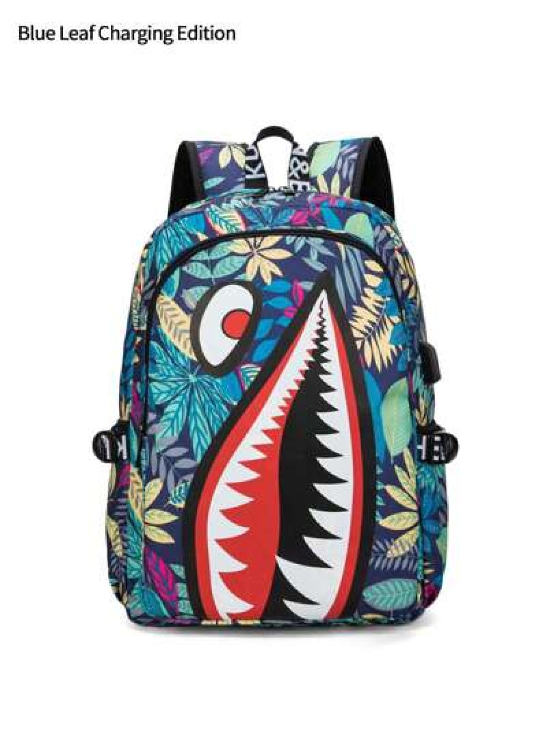 Men s Stylish Shark Mouth Print Backpack Shoulder Bag Contrast Color Letter Leaf Print Versatile College Bookbag All Over Random Print Large Capacity Lightweight Nylon Travel Bag Water Resistant Fits