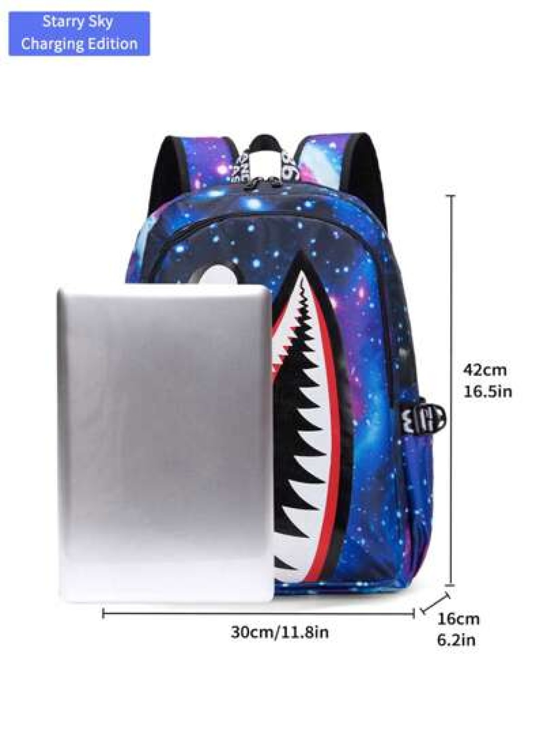 Men s Fashionable Starry Sky Print Backpack Stylish Shark Mouth Print Bookbag With Random All Over Print USB Charging Port Large Capacity Lightweight Nylon Travel Bag University Commute Backpack Fits