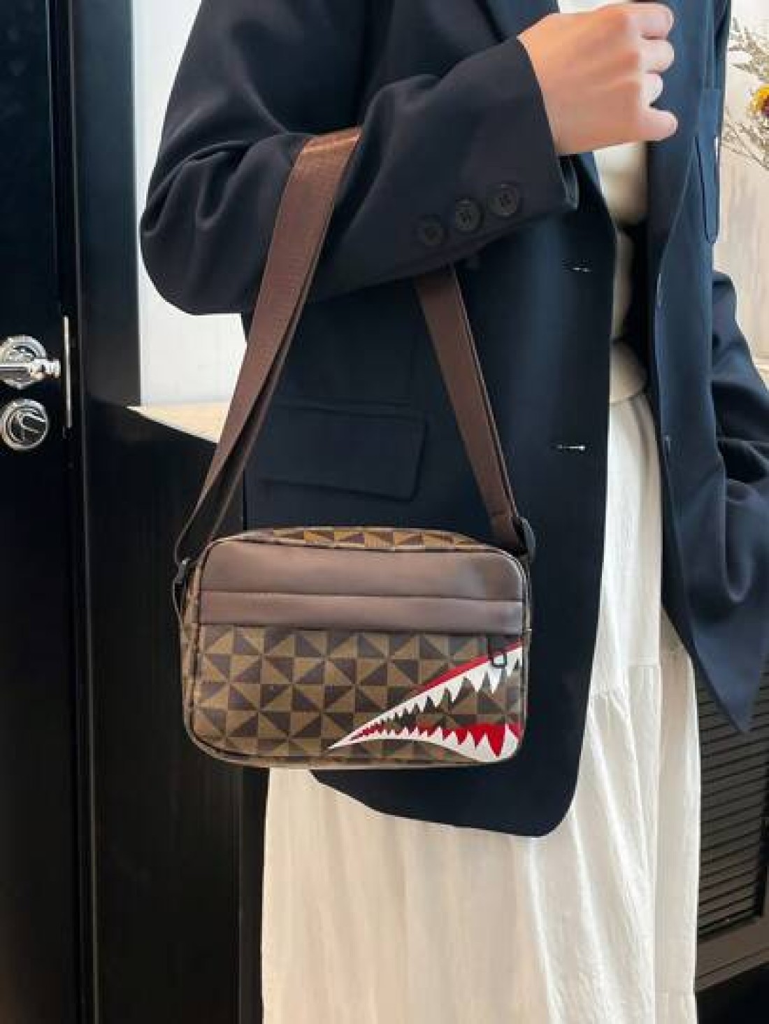 Fashionable Men s Casual Plaid Shoulder Sports Sling Bag Personality Small Square Men s Bag Business Personality Shark Mouth Anime Luxury Bags
