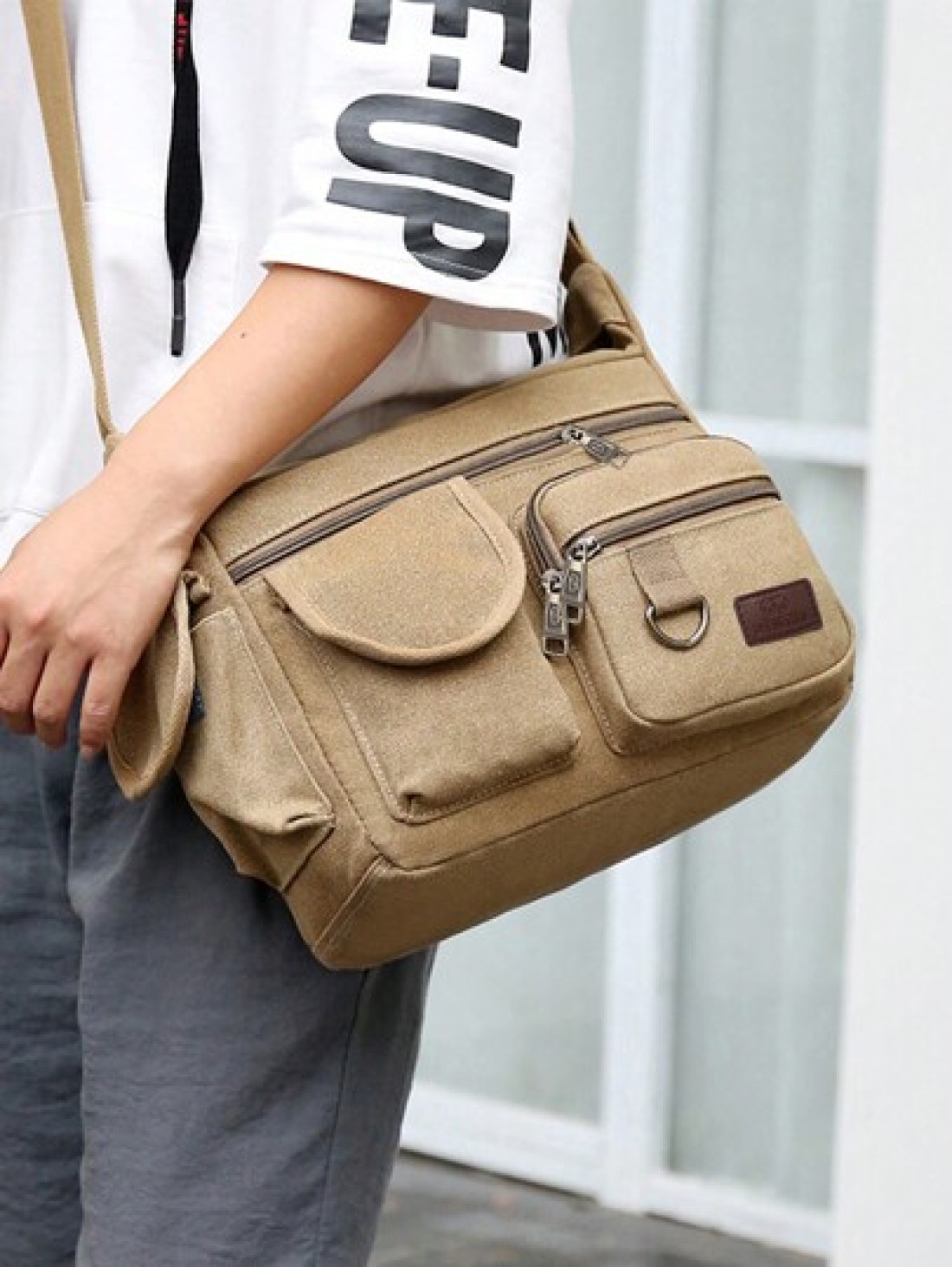 1Pc Khaki Canvas Shoulder Bag Large Capacity Multilayer Messenger Bag Student Travel Shoulder Bag Crossbody Bag Sling Bag For College School Lightweight Multifunctional Dad College Bag Freshman Multi