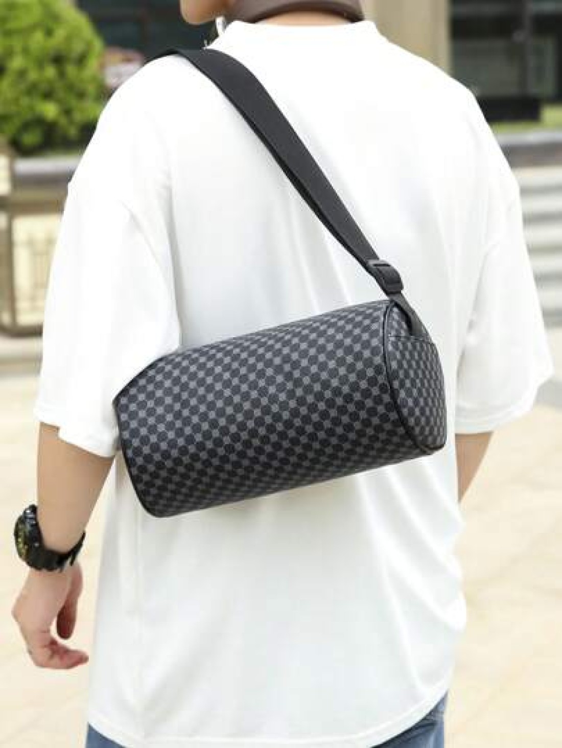 Fashionable PU Checkerboard Print Bucket Bag Unisex Portable Shoulder Messenger Bag Suitable For Work Shopping Travel Father s Day Gift Party Etc
