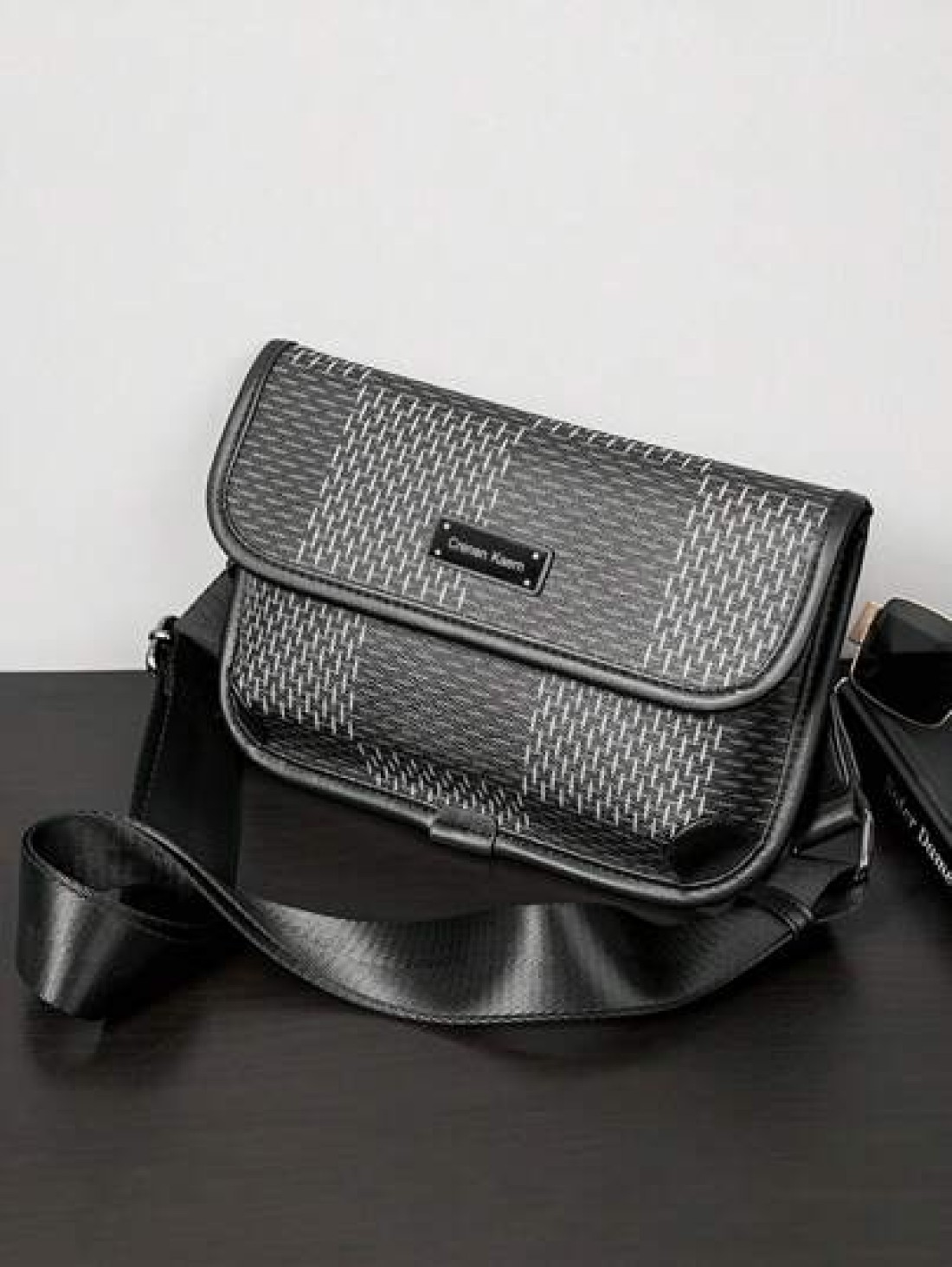 New Men s Flip Cover Mailman Bag Large Capacity Fashionable Checkered Embossed Small Chest Bag Versatile Outdoor Men s Crossbody Bag PU Waterproof Small Square Bag Men s Shoulder Bag Wear Resistant Co