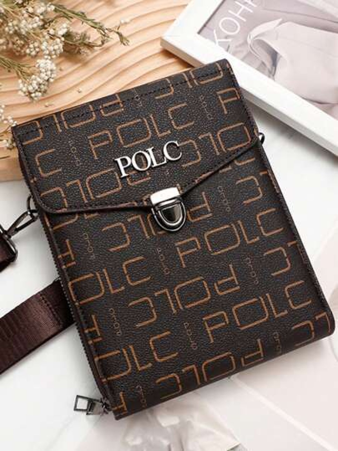 POLC Business Floral Print Men s Messenger Bag For Commuting Fashion Letter Flap Small Card Holder Phone Pouch PU Leather Large Capacity One Shoulder Bag Hanging Bag Small Square Bag Double Zipper Pho
