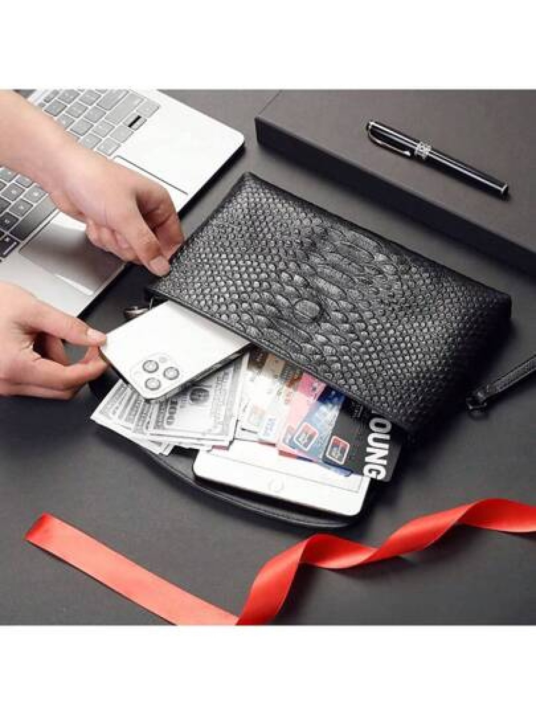 Genuine Leather Clutch Bag For Men Crocodile Pattern Flap Business Hand Bag New Casual Bifold Wallet