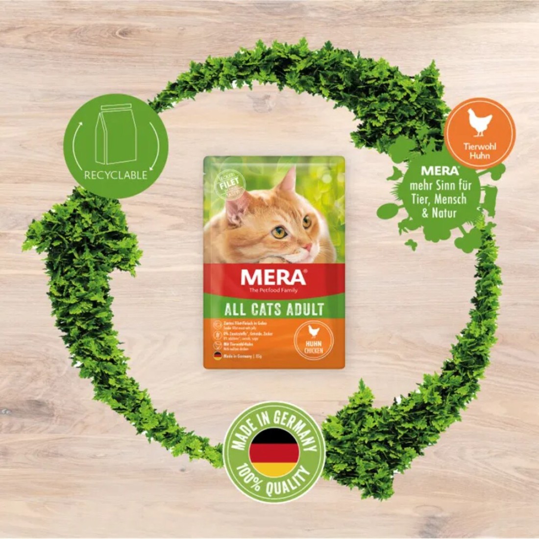 MERA All Cats Adult Wet Food &ndash; Grain-Free,Tasty &amp; Sustainable, with No Artificial Additives (12x85g, Chicken)
