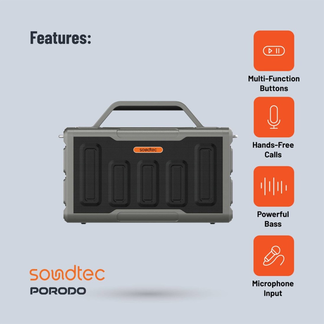 Porodo Soundtec Surge 2.2 Channel Party Speaker, 100W Max Output Power, 12000mAh Battery, Bluetooth V5.0, IPX5 Water-Resistant, Multi-Band Equalizer, RGB Lights
