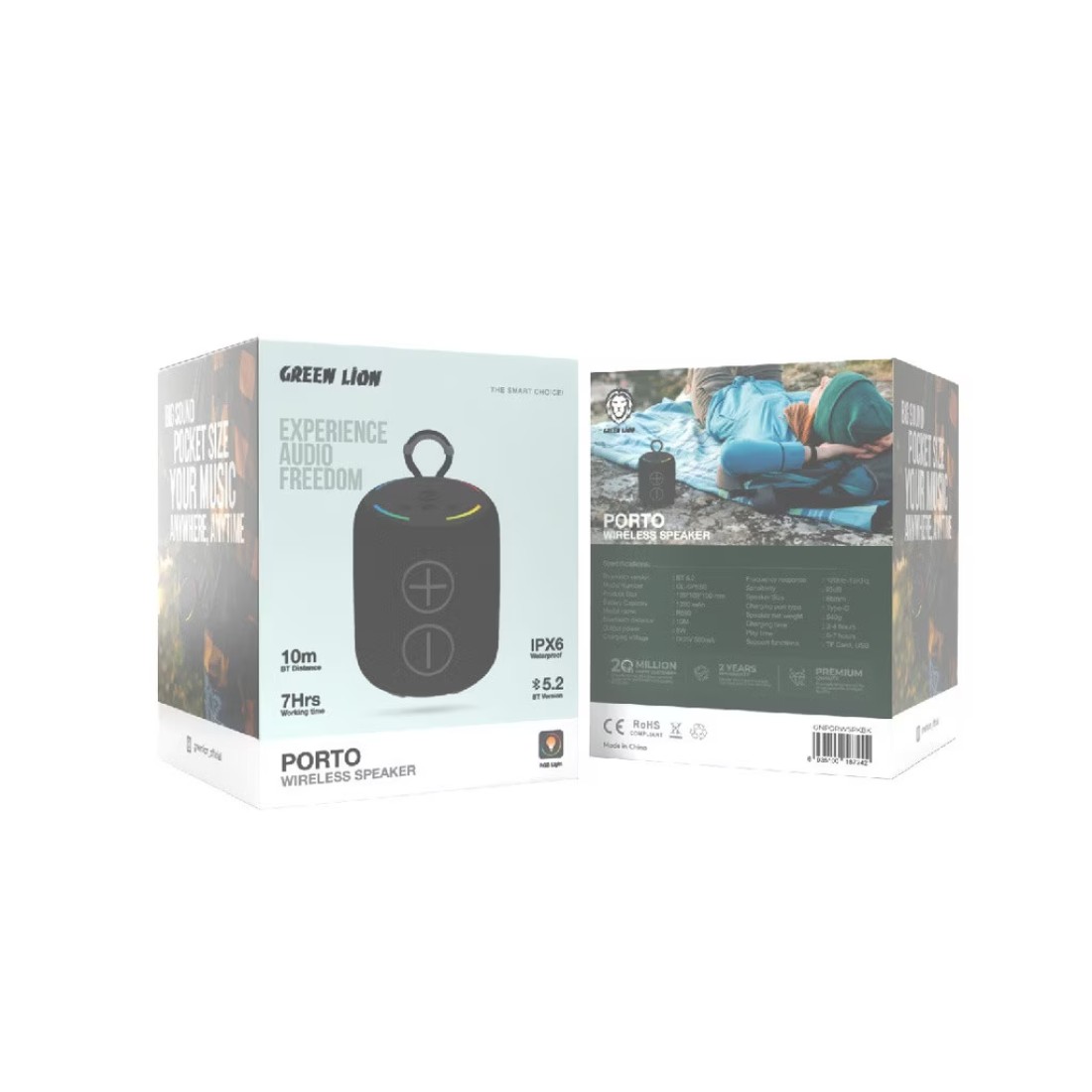 Green Lion Porto Wireless Speaker, 8W Output Power, Bluetooth 5.2, 120 Hz&ndash;18 kHz Frequency Range, IPX6 Waterproof, RGB Light, 1200mAh Battery, 6-7 Hours Playtime, Type-C Charging, Black
