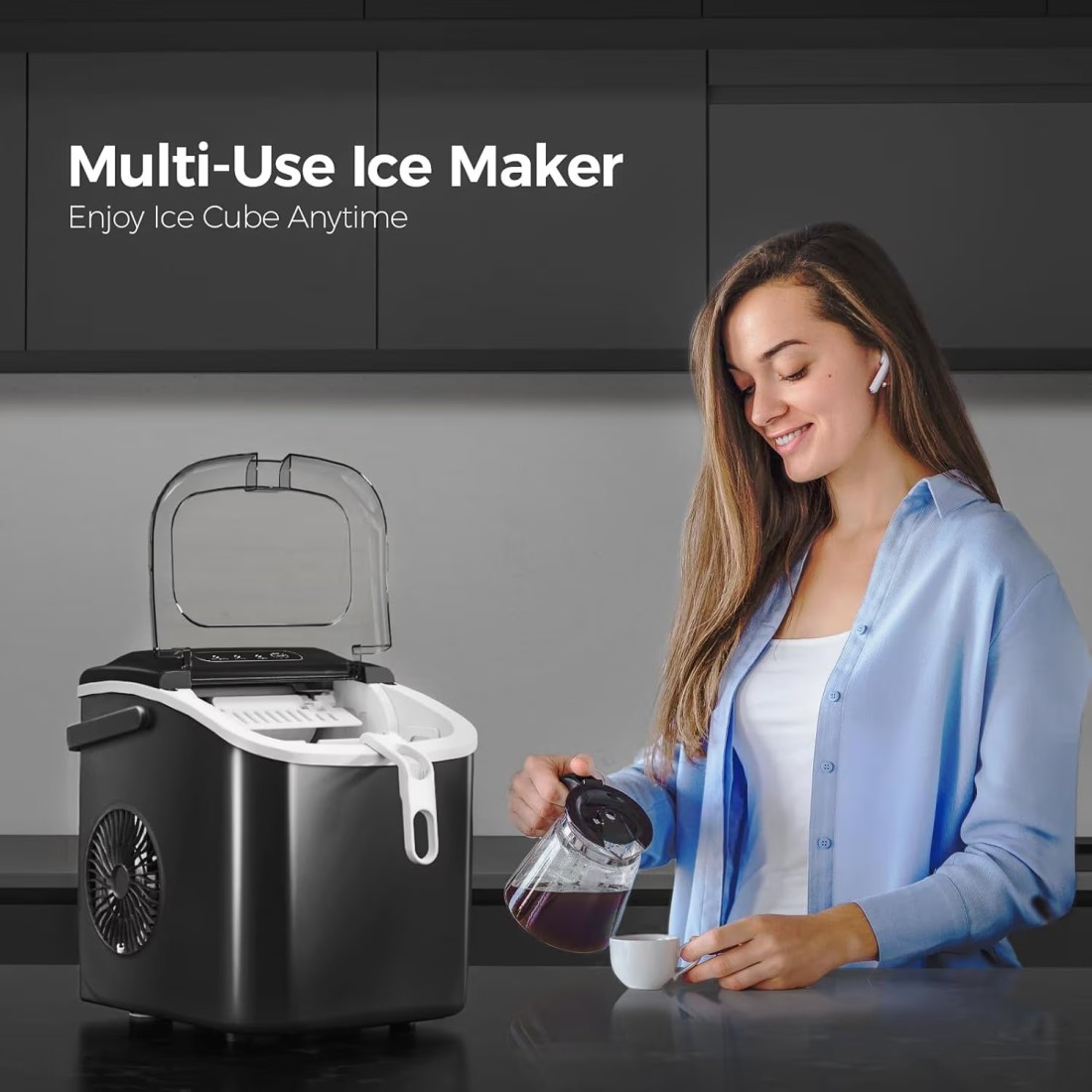 Portable Ice Maker for Countertop, 9 Ice Cubes in 6 Mins, 26lbs Ice/24H, Self-Cleaning, with Ice Spoon &amp; Basket, Ideal for Home, Kitchen, Office, Camping