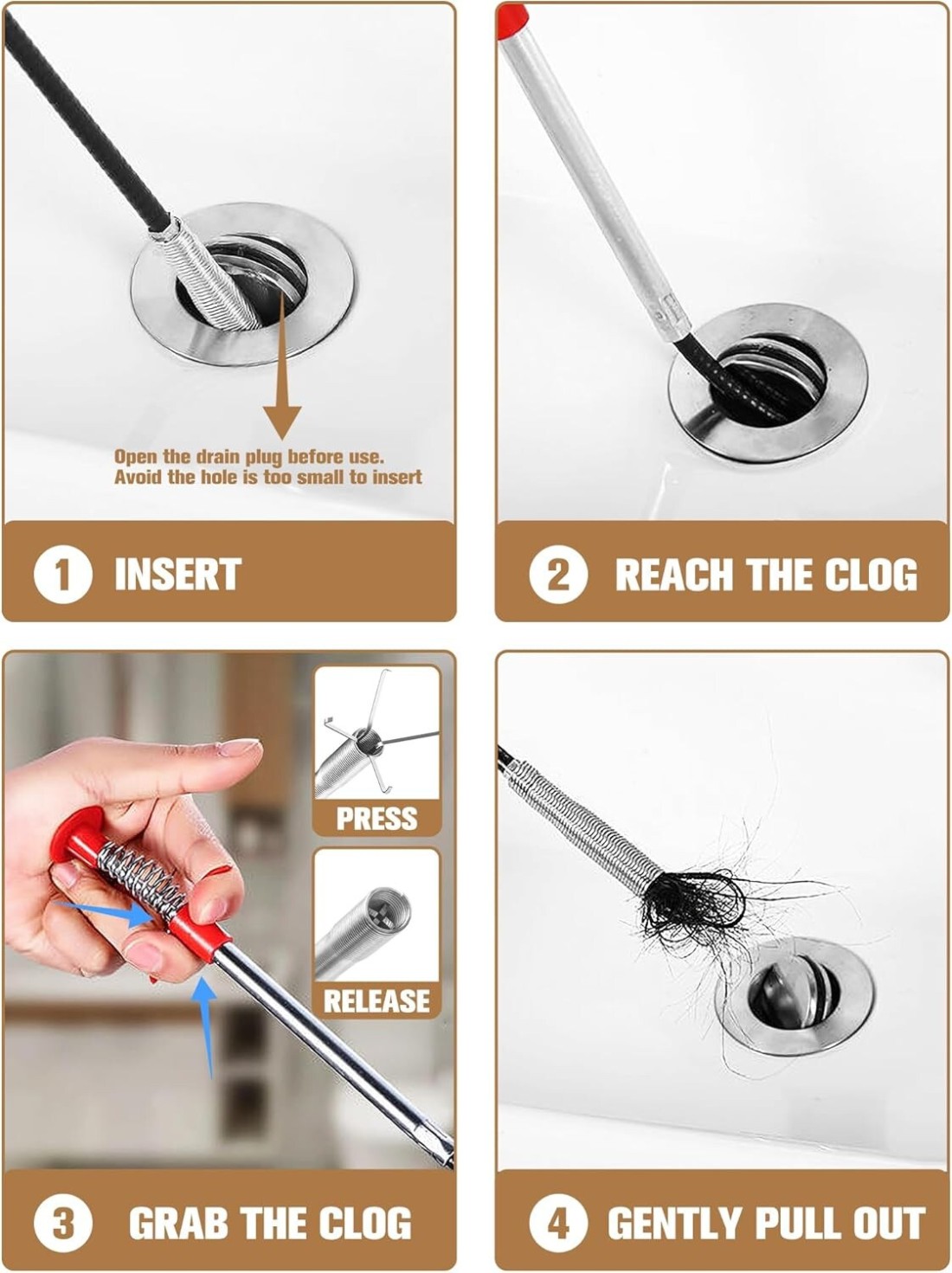 62-Inch Drain Snake Tool - Heavy-Duty Hair Clog Remover &amp; Sink Cleaner for Kitchen, Bathroom, Shower, Tub, and Toilet.