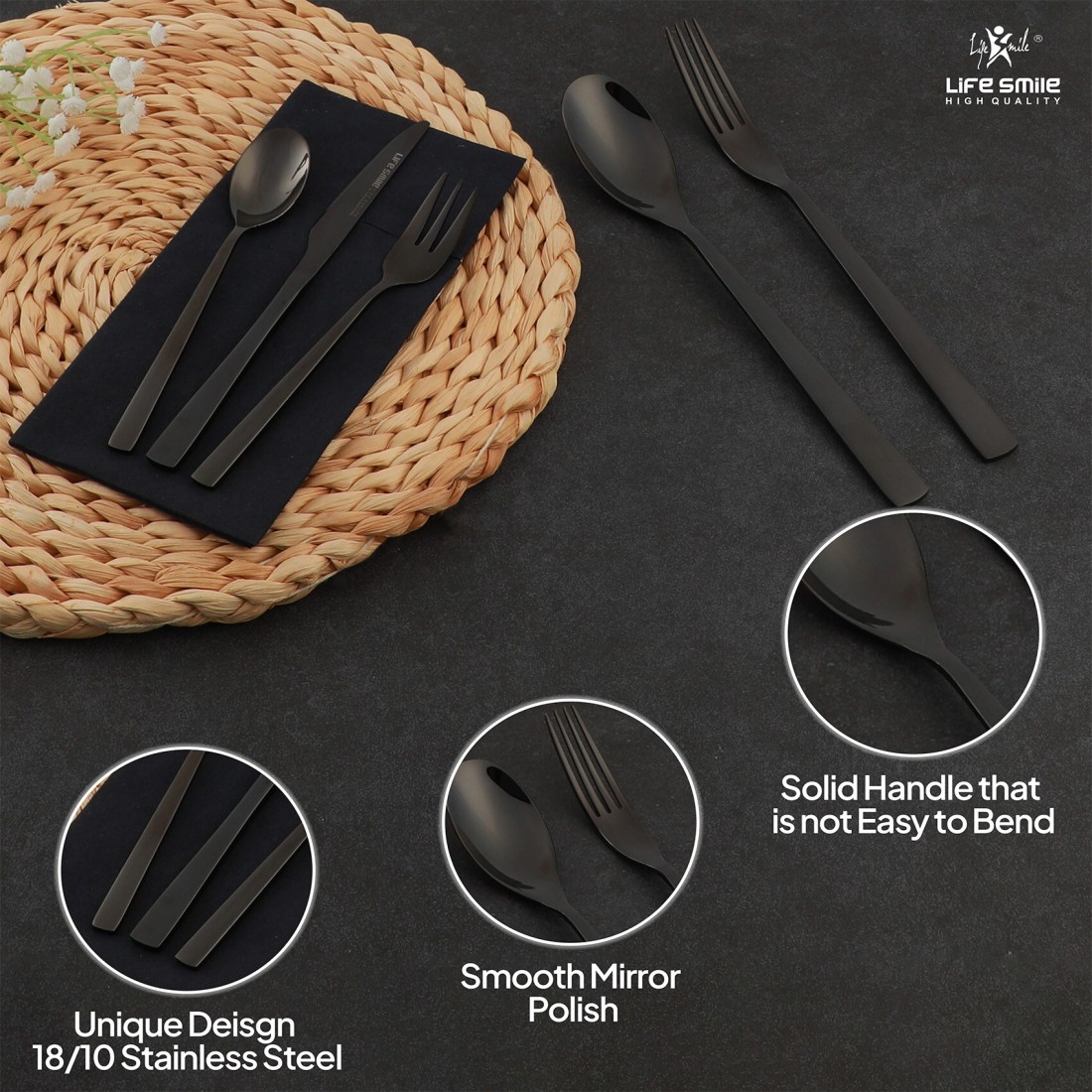 LIFE SMILE Cutlery Set, 18/10 Pure Stainless Steel Flatware Set with Stand, Rust Proof &amp; Fade Proof Dinnerware Set (SHINE BLACK, 88 Pieces)