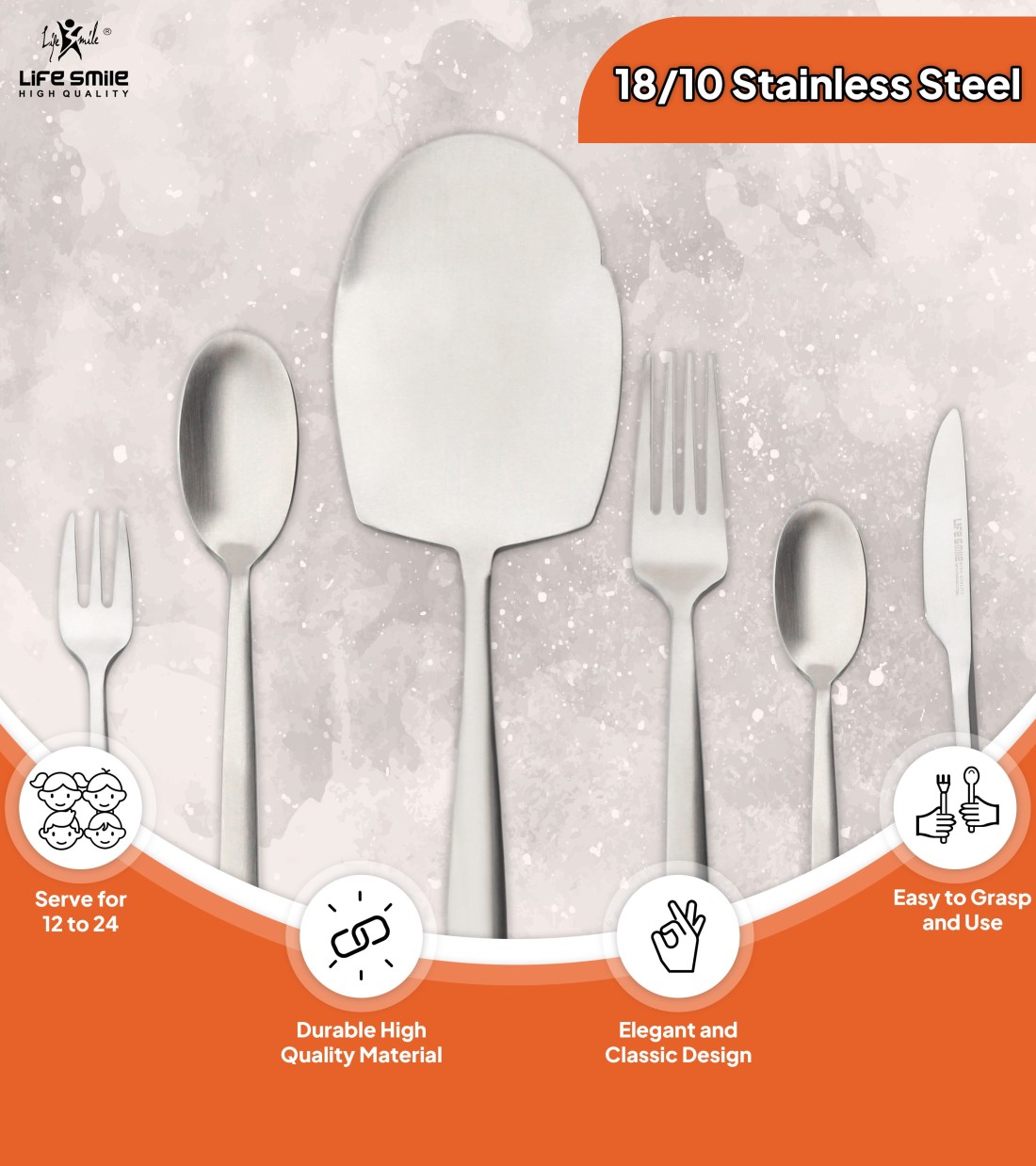 LIFE SMILE Cutlery Set, 18/10 Pure Stainless Steel Flatware Set with Stand, Rust Proof &amp; Fade Proof Dinnerware Set (MATTE SILVER, 88 Pieces)