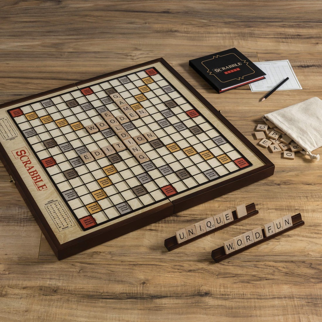 WS Game Company Scrabble Grand Folding Edition with Rotating Wooden Game Board