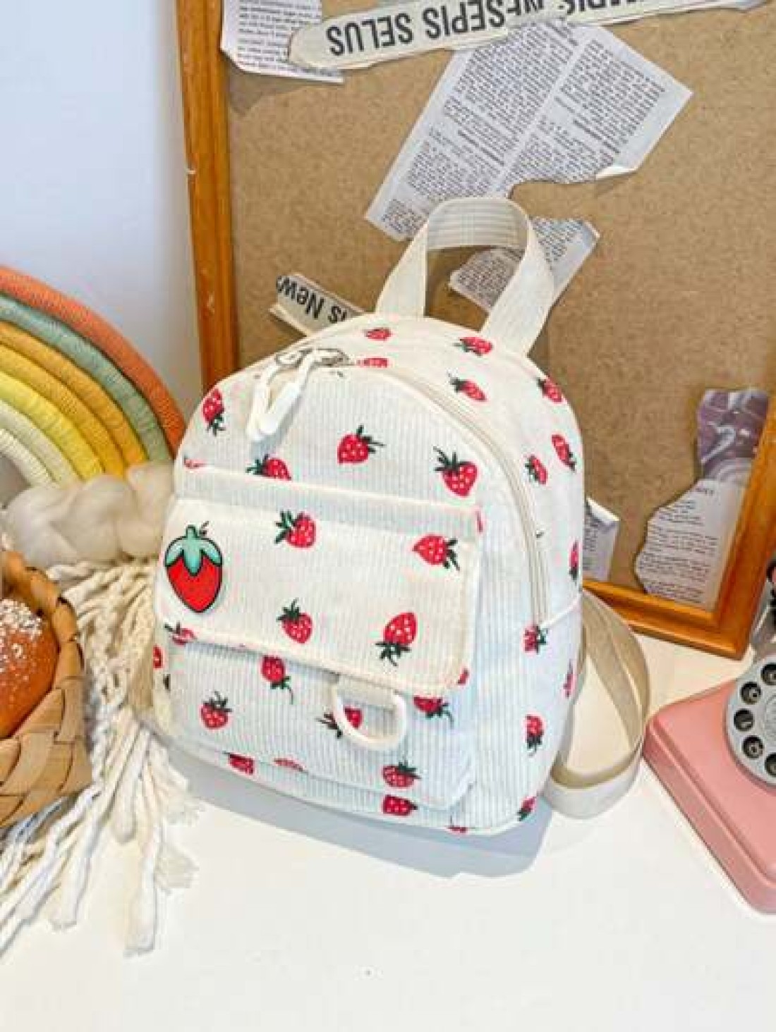 1 Piece Closed Fashionable Japanese Corduroy Stripes Small Fresh College Style Strawberry Pattern Backpack Korean Harajuku Print Small Backpack Suitable For All Occasions Comfortable And Adjustable Sh
