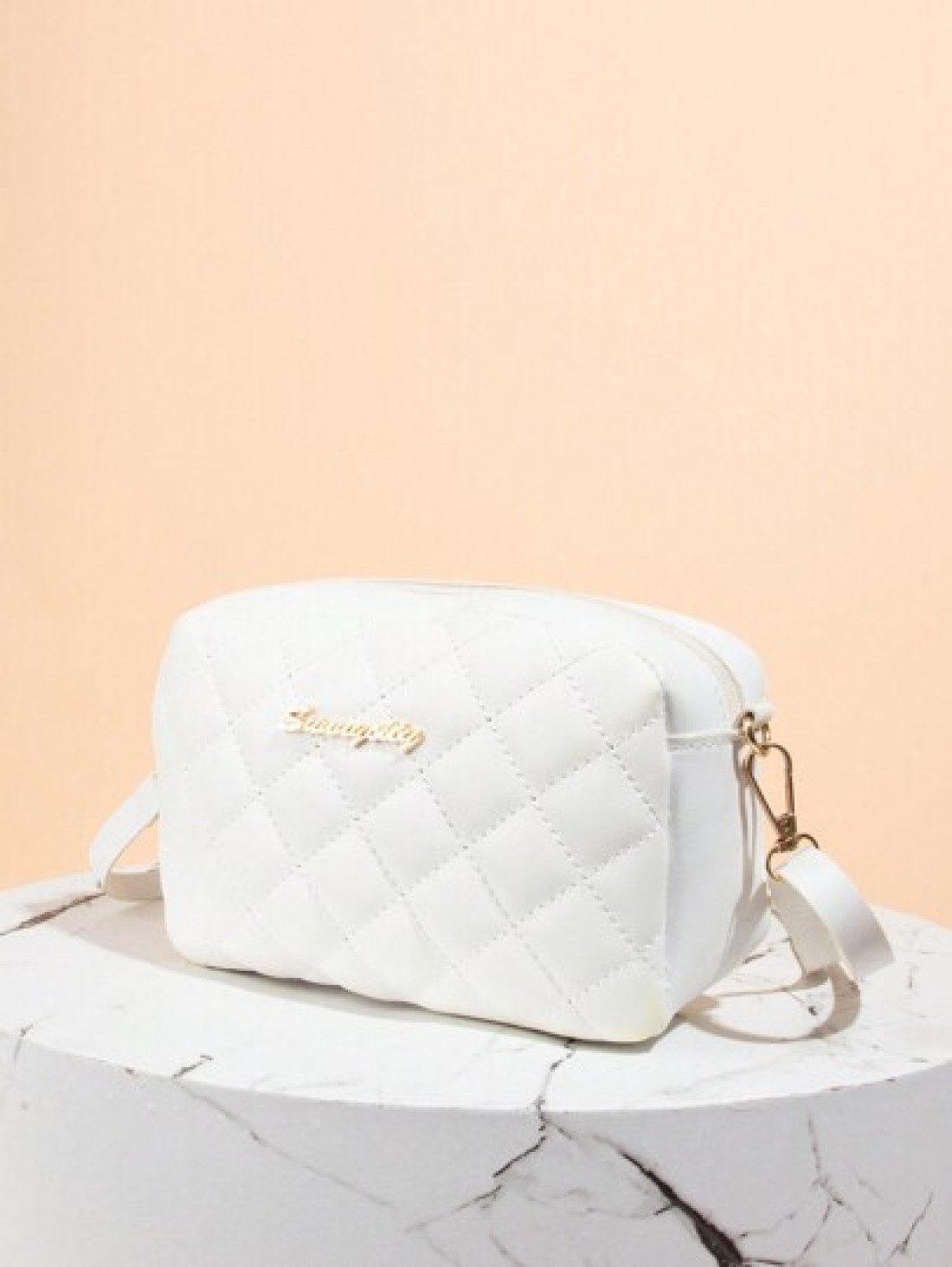 Quilted Zipper Square Bag Metal Letter Decor Shoulder Bag Adjustable Fashionable Girls Crossbody Bag Casual Phone Pouch