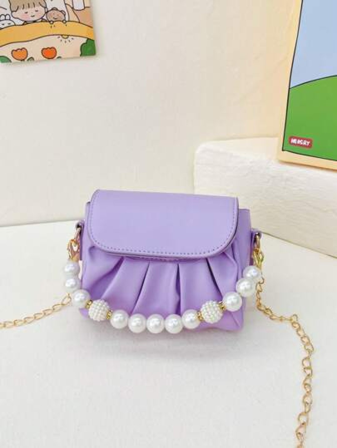 1pc Fashionable Sweet Pearl Chain Shoulder Messenger Bag Fashionable Pleated Underarm Bag Korean Version Of Hand Held Cute Girl Bag Pu Pleated Design Pearl Handbag High Grade Solid Matching Suitable F