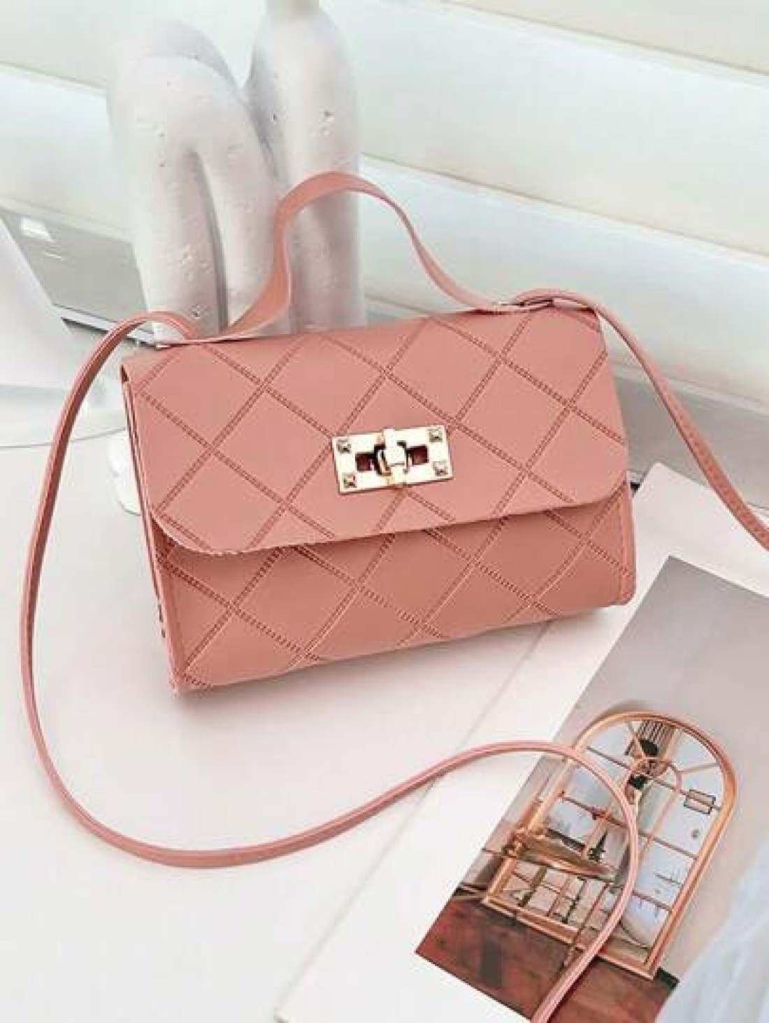 1pc Girls Metal Lock Decor Handbag Shoulder Bag Wallet Coin Purse Adjustable Strap Suitable For Daily Outdoor Travel Trekking Portable Ideal Gift