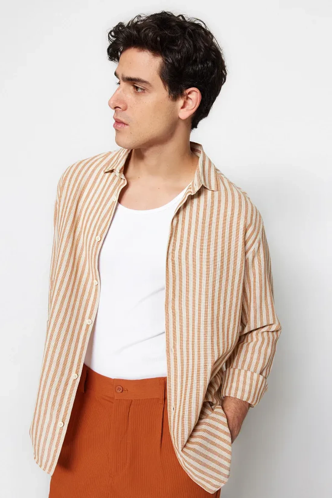 Trendyol Collection قميص ذو مظهر كتان مخطط بقصة عادية من الحجر الفاخر TMNSS23GO00062